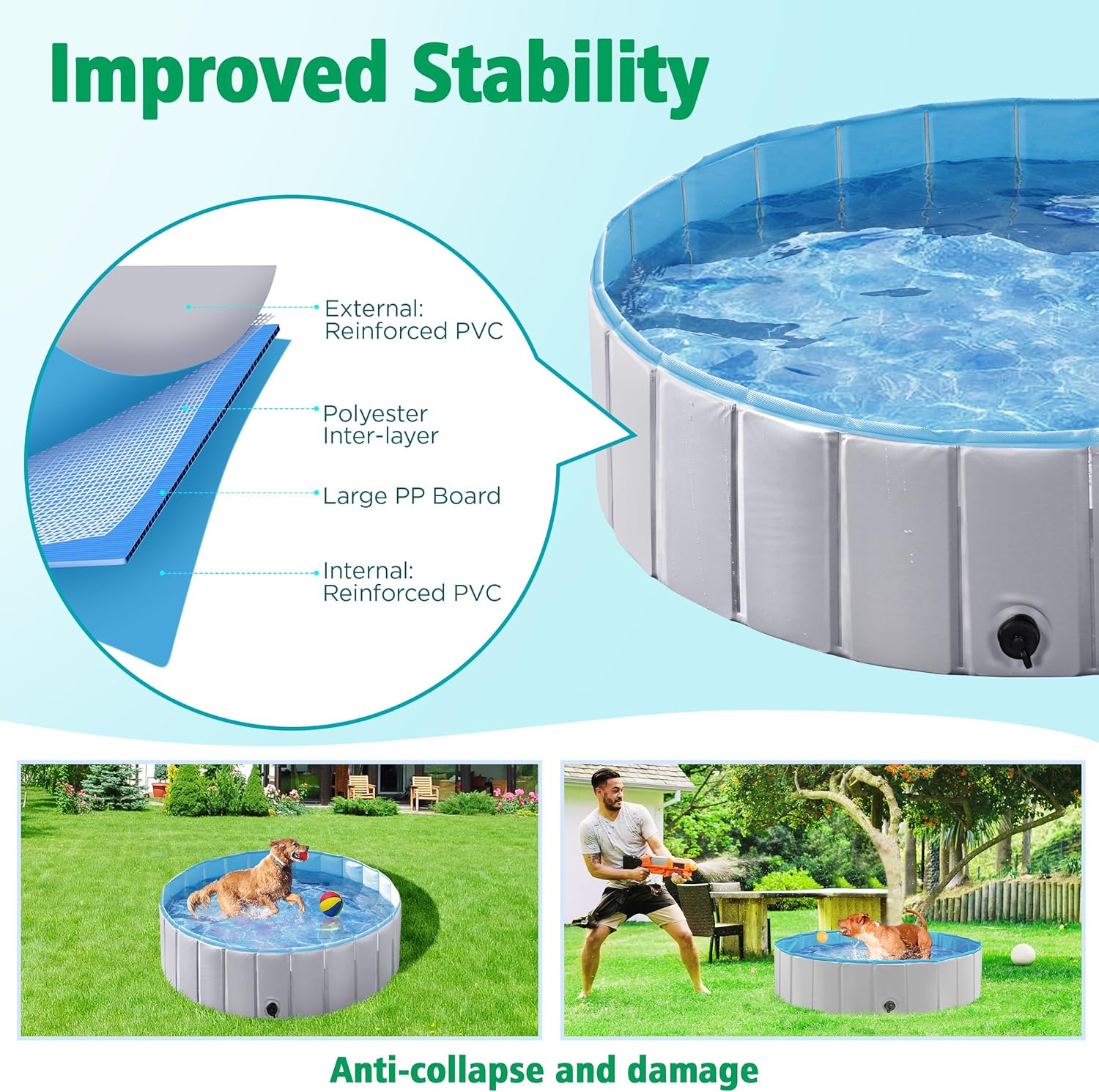 Detalle de Yaheetech Hundepool faltbar 120 x 30 cm – Anti-Rutsch-Pool für Hunde mit Ablassventil, Badebürste und Reparaturflicken