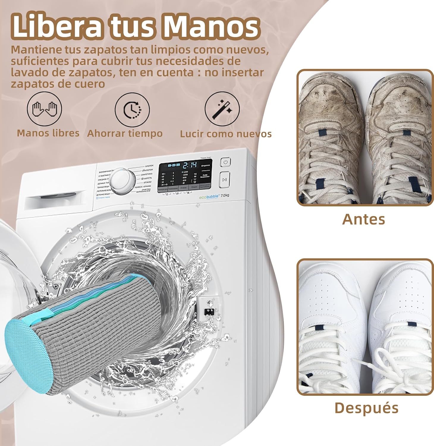 Detalle de FOREDOO 2 en 1 Bolsa lavadora para zapatillas con doble cremallera: limpieza 360° y versatilidad