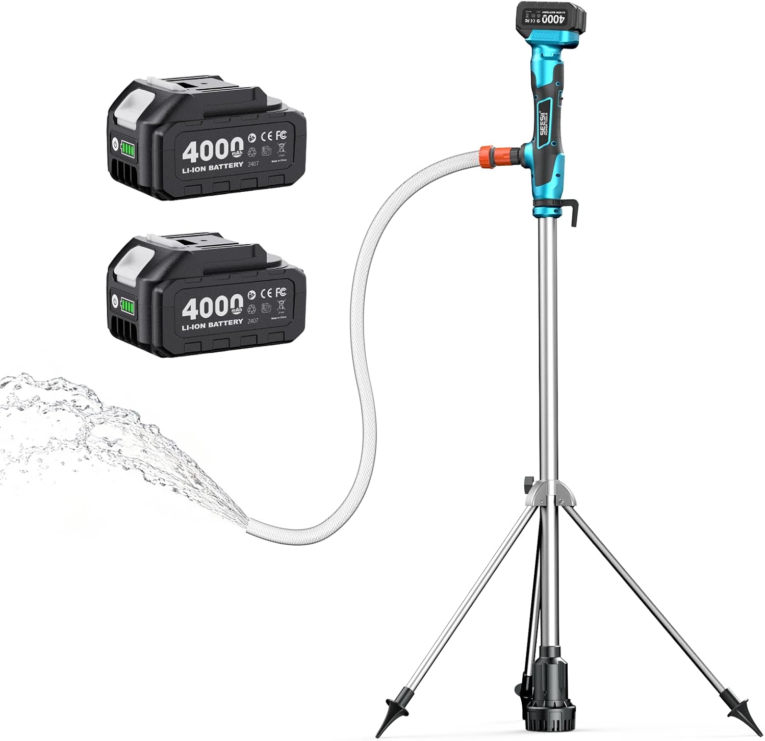 Detalle de SEESII Cordless Stick Water Transfer Pump with Tripod Stand – 2725 L/h, 10m Lift, 2x 4.0Ah Batteries