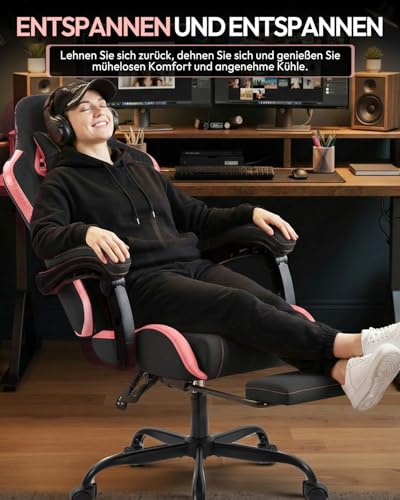 Thumbnail 6 de Nexthra Gaming Stuhl – ergonomischer Bürostuhl mit höhenverstellbaren Linkage-Armlehnen, Lendenkissen und Fußstütze – Rosa