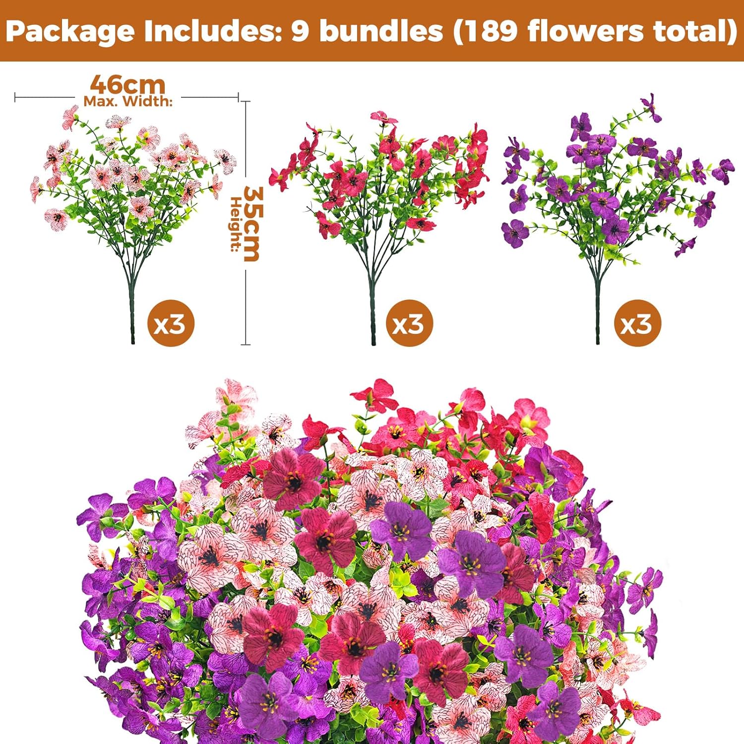 Thumbnail 3 de OZMI Artificial Flowers Outdoor 189 Fake Flowers (9 Bundles) UV Resistant Faux Silk Bouquet