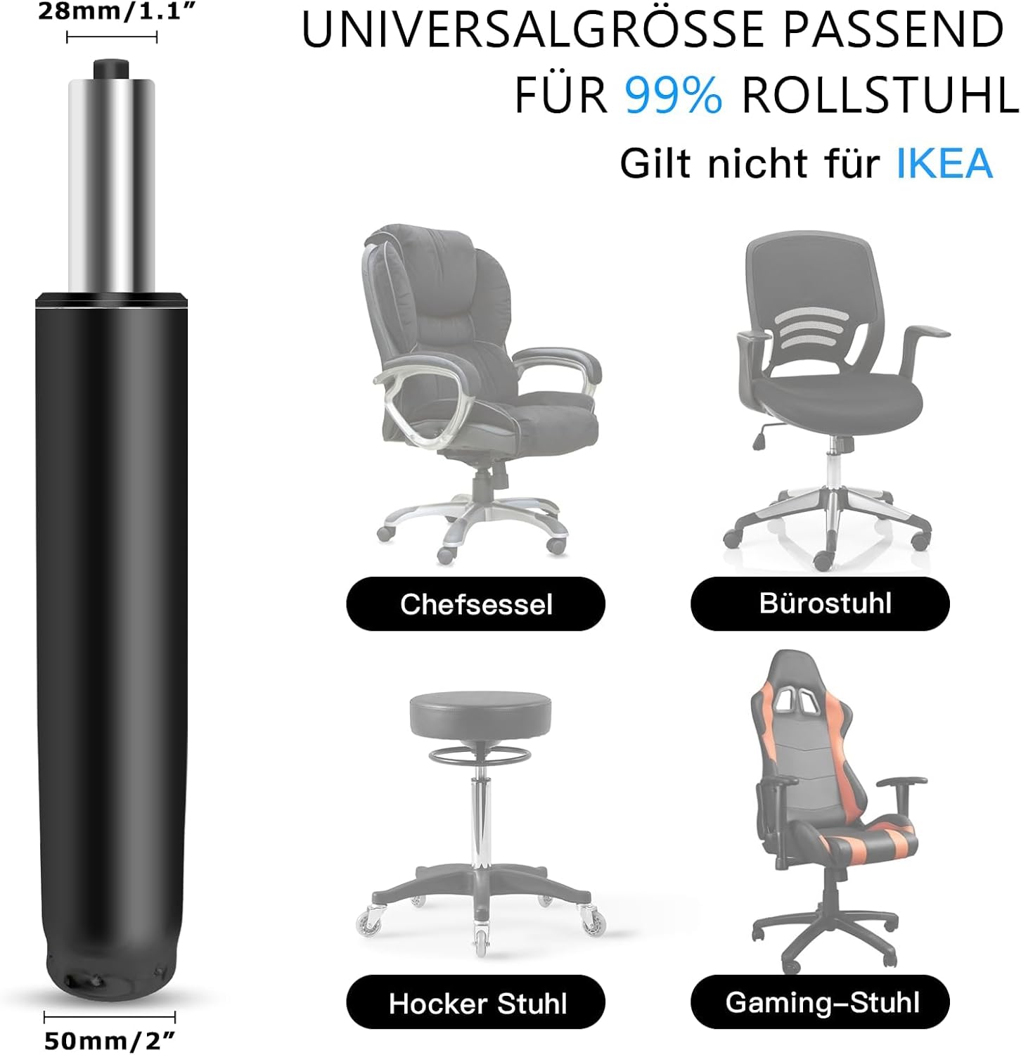 Detalle de Gasdruckfeder für Bürostühle 1000 lbs (450 kg) – höhenverstellbar, 290–430 mm, 360° Drehung