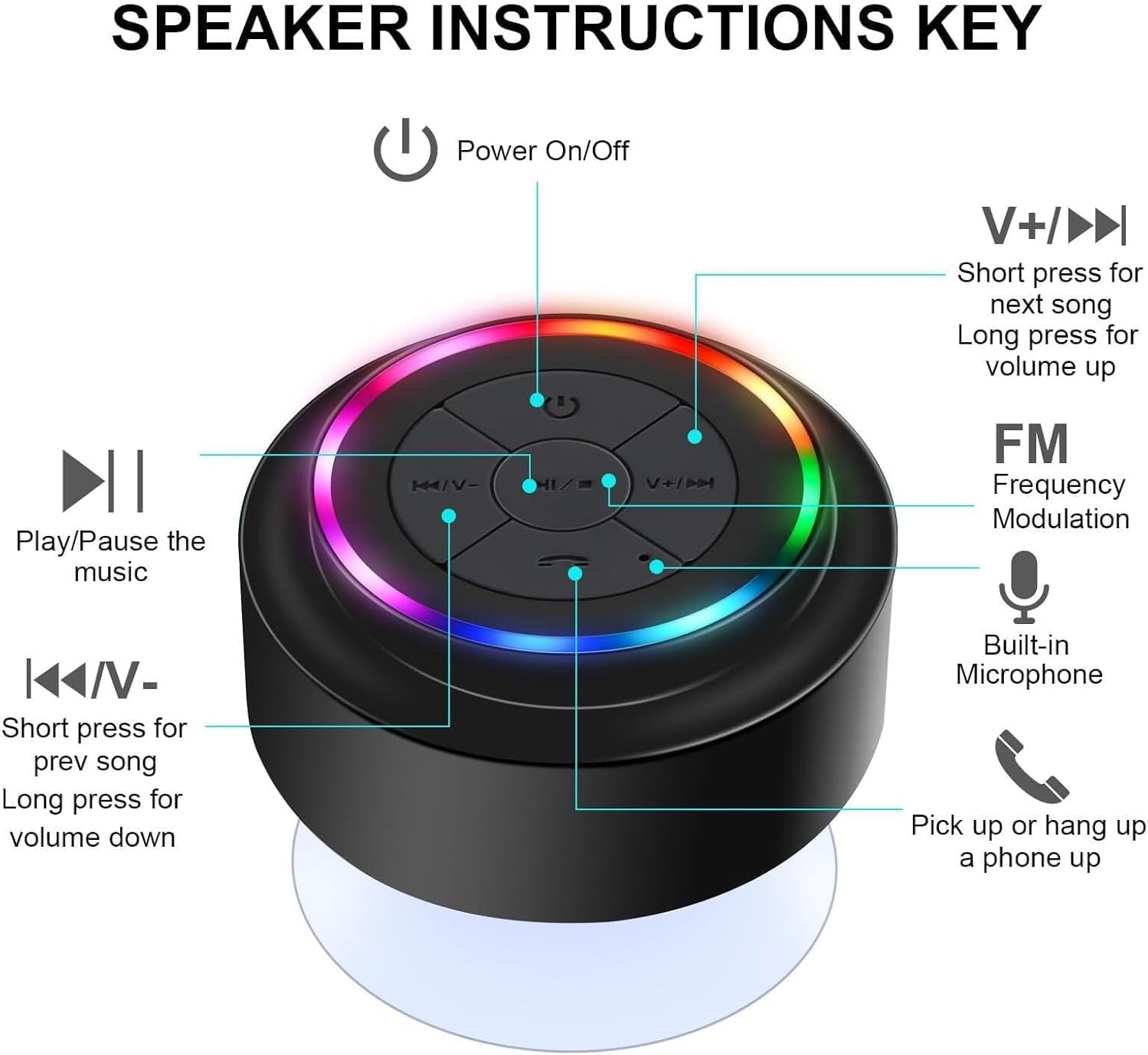 Detalle de Cassa Bluetooth da doccia impermeabile IP7 con ventosa e luce RGB 🔊