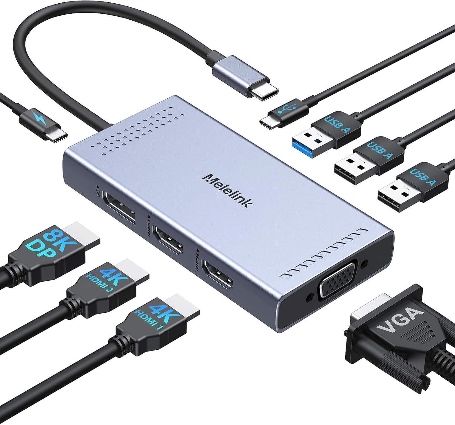 Dock USB C double moniteur 9 en 1 : station d’accueil USB‑C avec double affichage HDMI + DisplayPort, VGA et recharge 100 W