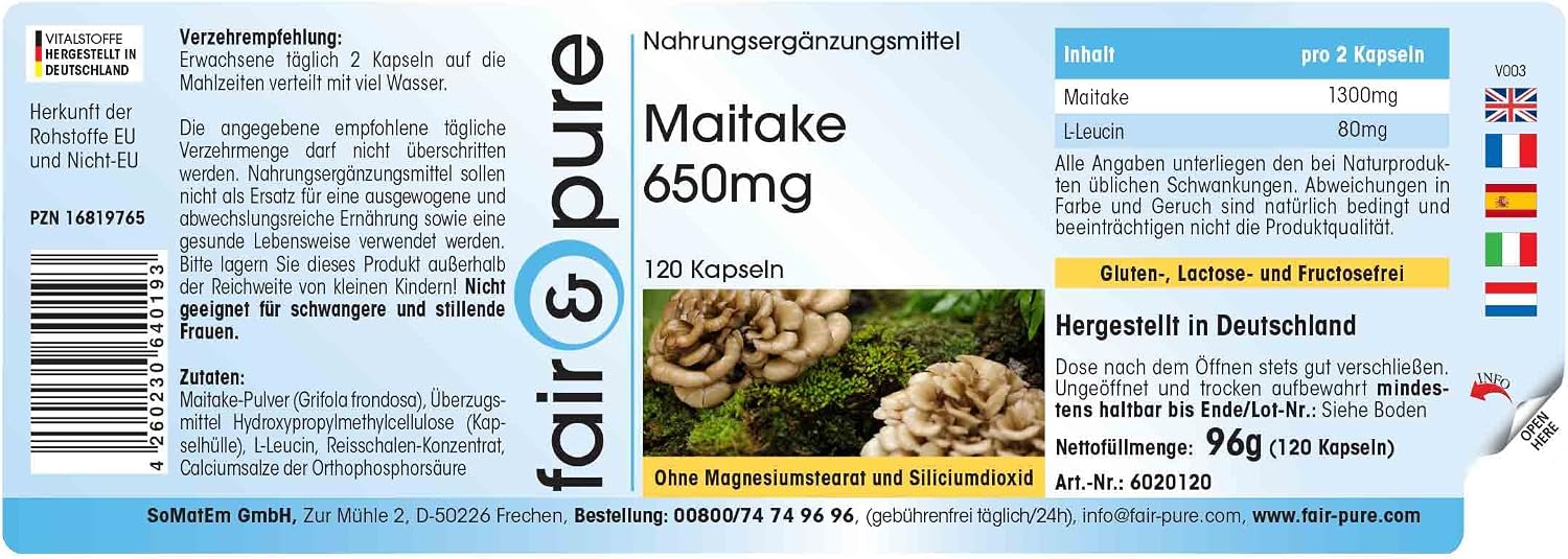 Thumbnail 6 de Fair & Pure Maitake 650mg – 120 Kapseln, Grifola frondosa, vegan, in Deutschland hergestellt