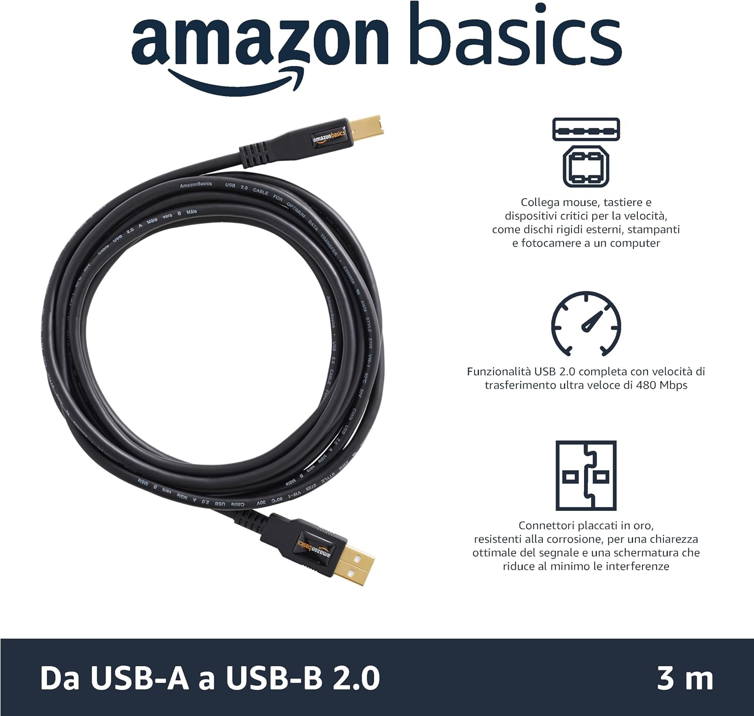 Detalle 2 de AmazonBasics Cavo USB 2.0 A-maschio/B-maschio placcati oro da 3 m per stampanti e periferiche, nero