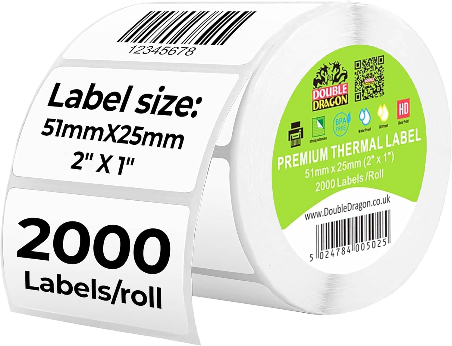 Detalle de Double Dragon 57x32 Direct Thermal Labels on Roll – 1000 Labels, Permanent Adhesive