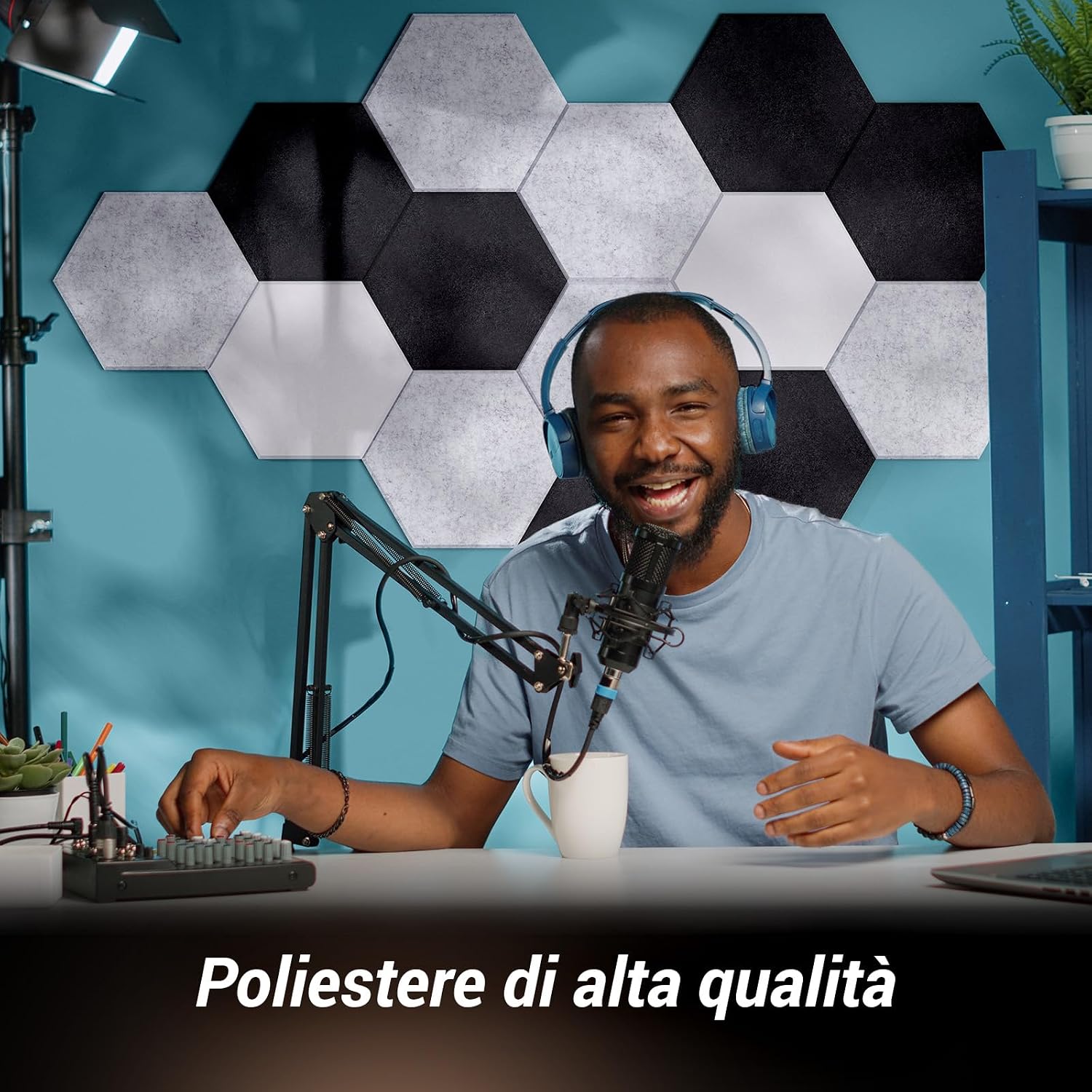 Detalle de TONOR Set di 12 Pannelli Acustici Murali Autoadesivi 30x26x1 cm – Pannello 3D Esagonale ad Alta Densità