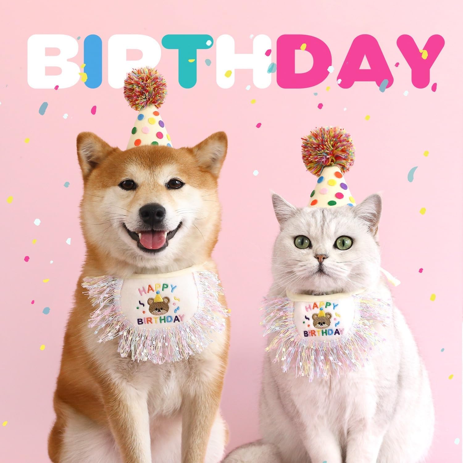 Detalle de Cat Birthday Bandana and Party Hat Set with Embroidered Happy Birthday