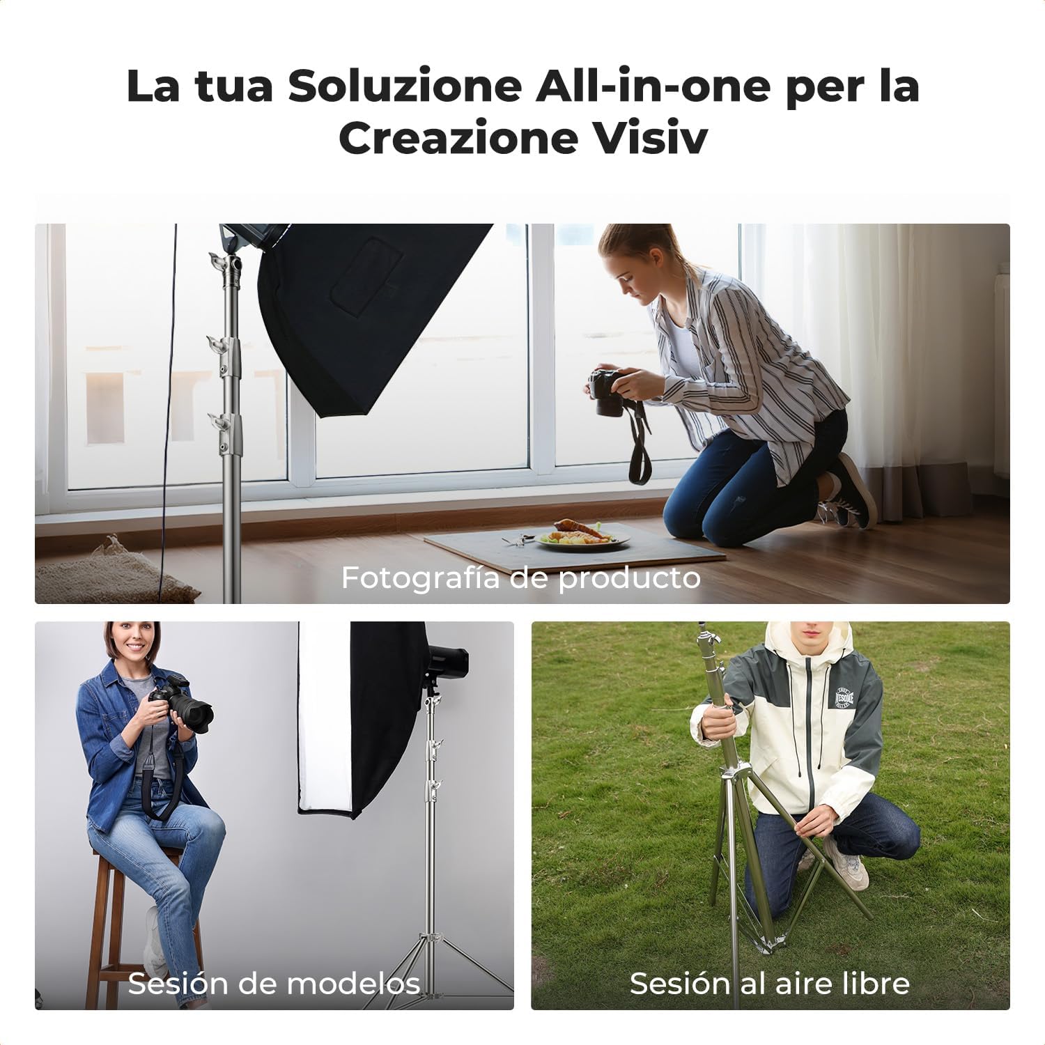 Thumbnail 6 de K&F CONCEPT Spring Light Stand 280 cm in acciaio inossidabile: supporto per luci fotografica pieghevole con filettature 1/4" e 3/8