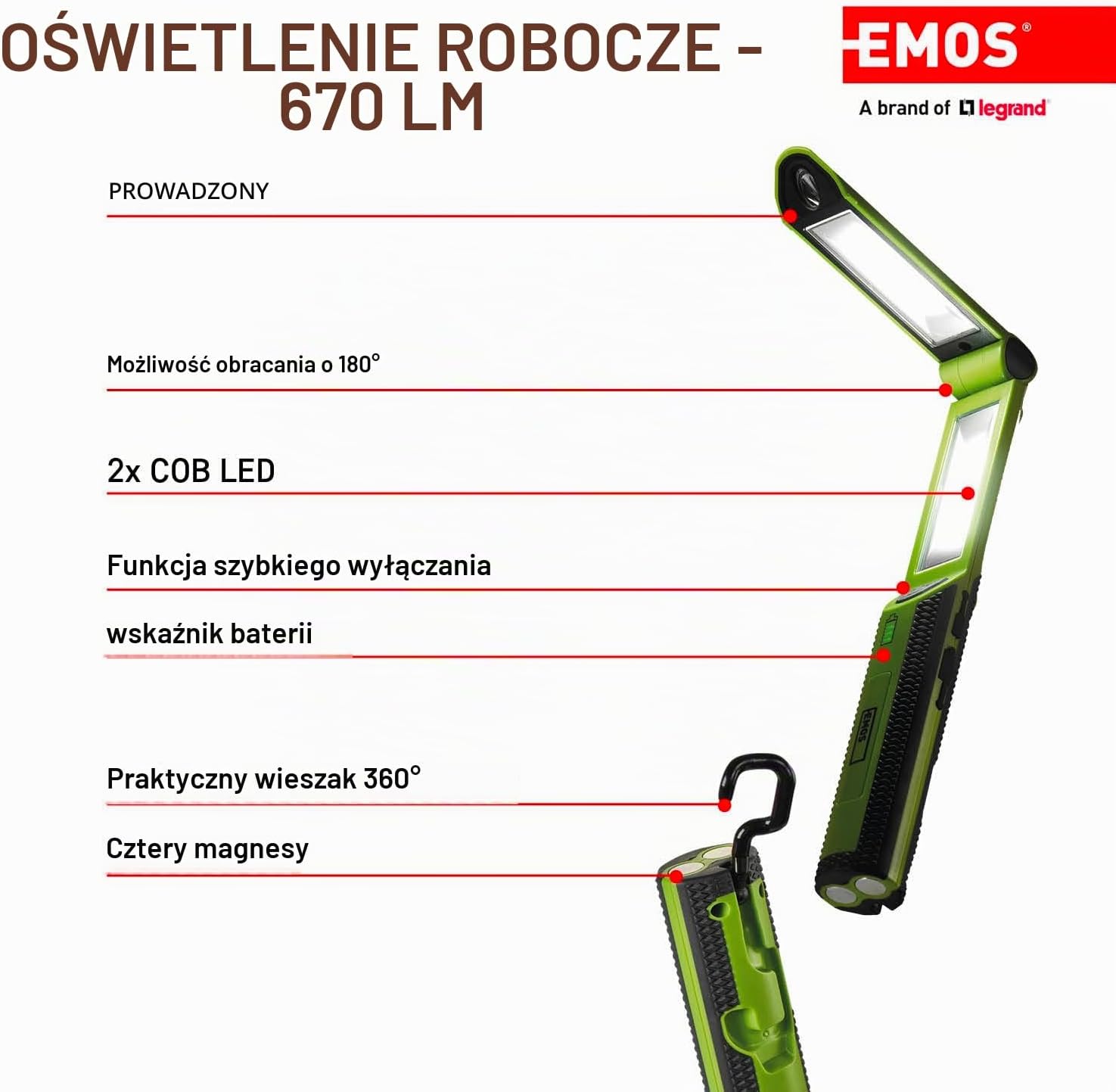 Detalle de EMOS P4535 rozkładana lampa robocza LED 670 lm z powerbankiem i 3 trybami