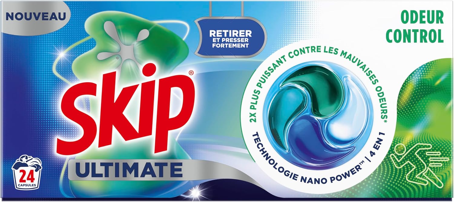 Detalle de Skip Lessive Capsules Ultimate 4en1 Odeur Control – Dissolution à froid et bouclier anti-odeur (96 lavages, 4x24)
