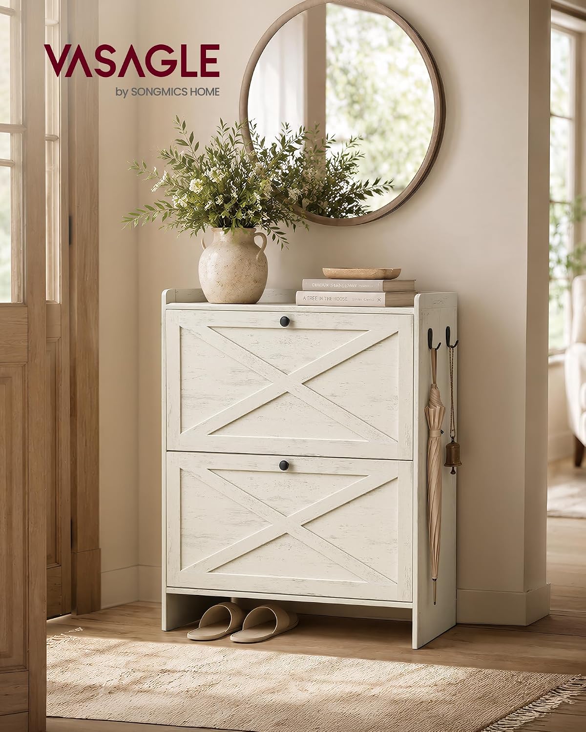 Detalle de VASAGLE UHSC203WJ01S Farmhouse Shoe Cabinet, 2 Flip Drawers, White
