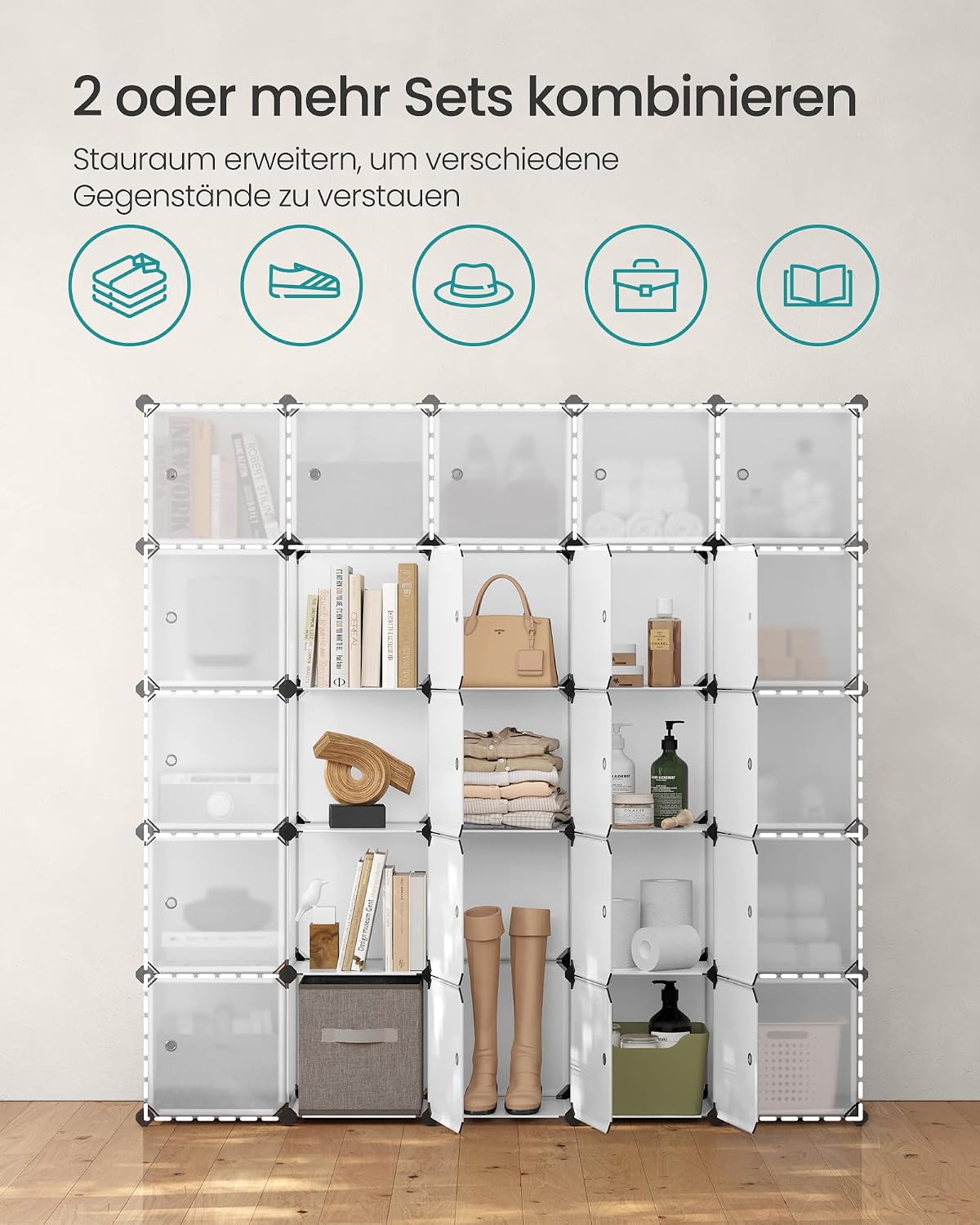 Detalle de SONGMICS Regalsystem: Schuhregal-Set aus 16 Würfeln, Kleiderschrank aus Kunststoff mit Türen – weiß (LPC44BS)