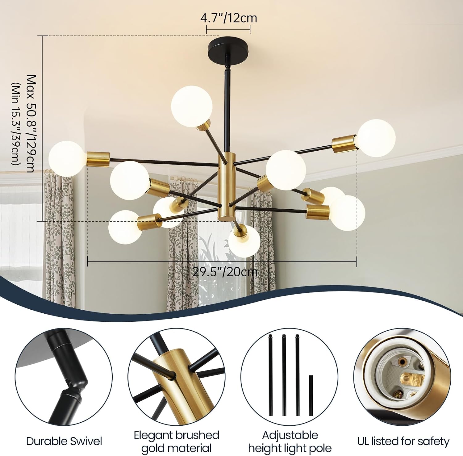Thumbnail 6 de RUIYEY 606267276310 10-Light Black and Gold Sputnik Chandelier