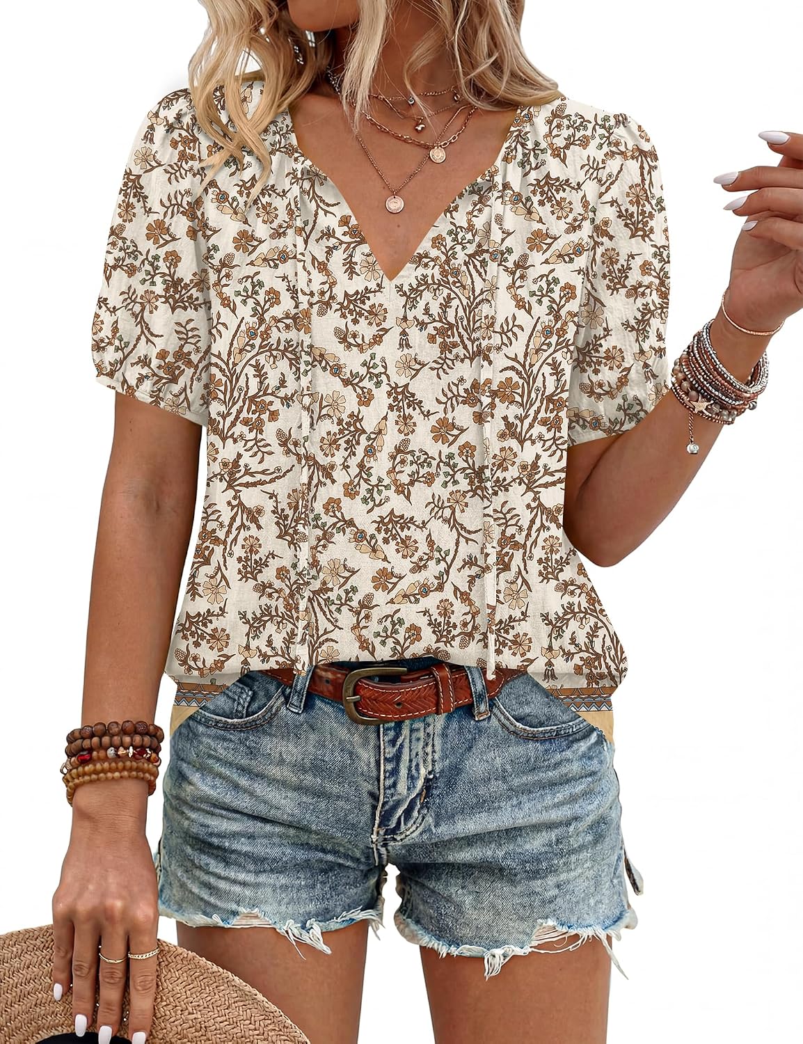 Detalle de Rapbin Bluse – Sommer-Boho Bluse mit V-Ausschnitt, lockeres Bindeband-Oberteil