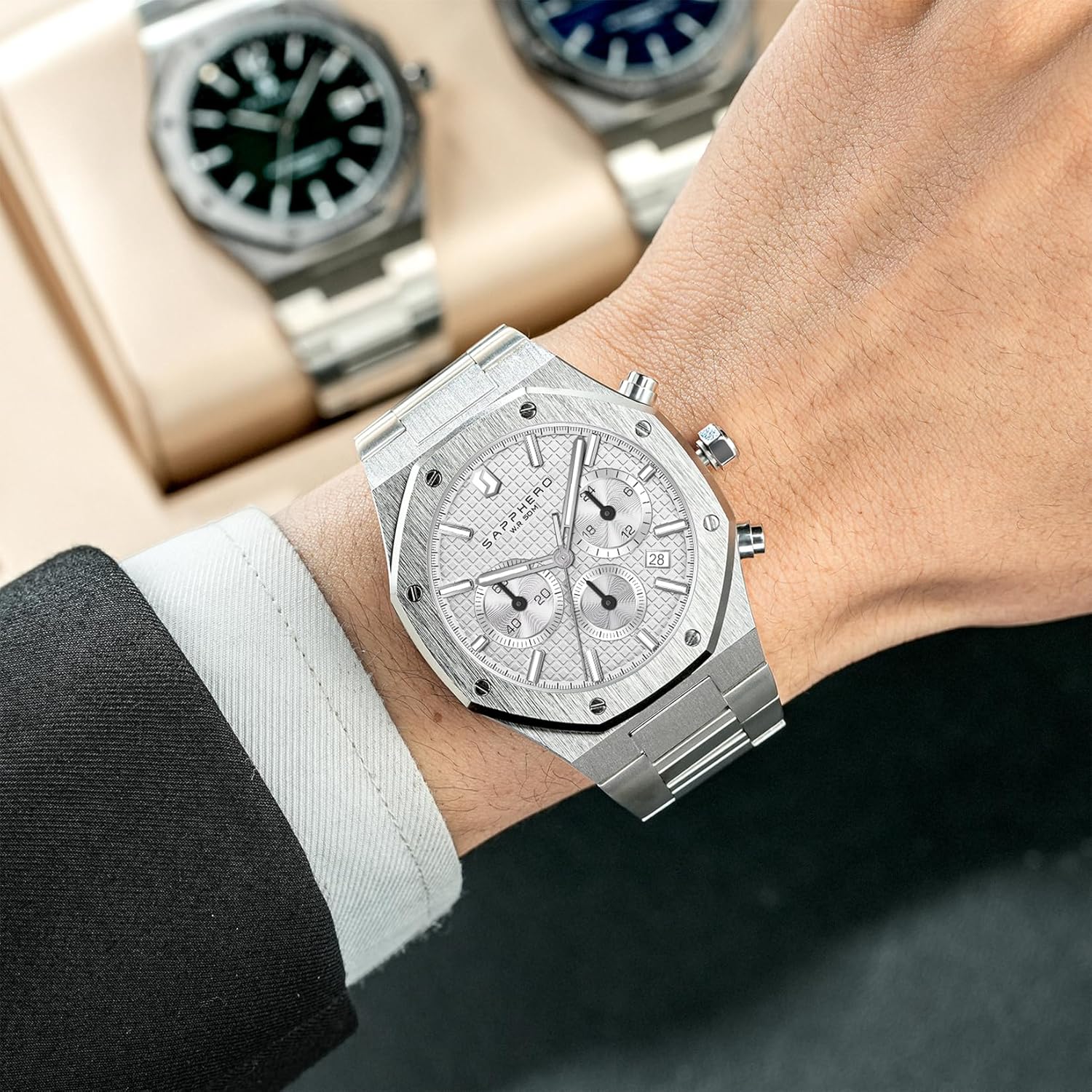 Detalle de SAPPHERO Orologi Uomo ottagonale 10ATM impermeabile al quarzo in acciaio inox