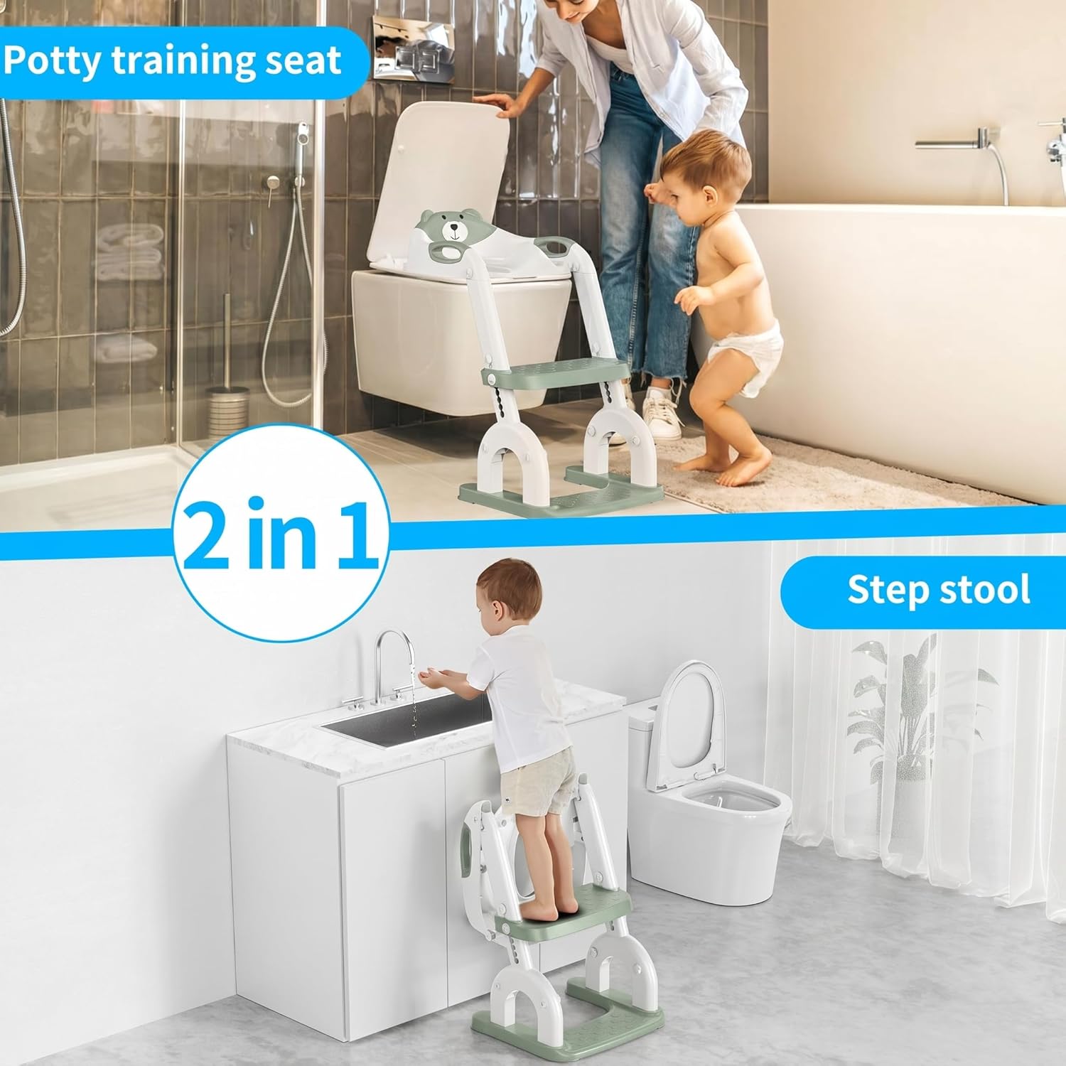 Detalle 2 de Kinder-Toilettensitz mit Treppe (2-in-1) – verstellbar & als Tritthocker nutzbar, Pistazie „Drei Treppe“