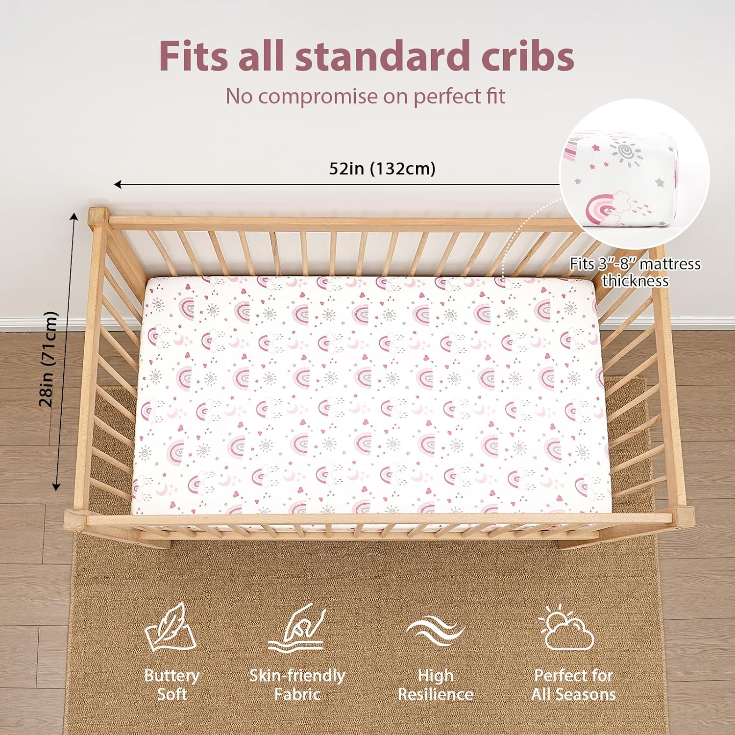Thumbnail 1 de FIEMOL Baby Crib Sheets Girl, 3 Pack – 52” x 28” Fitted Toddler Bed Sheets in Pink Rainbow