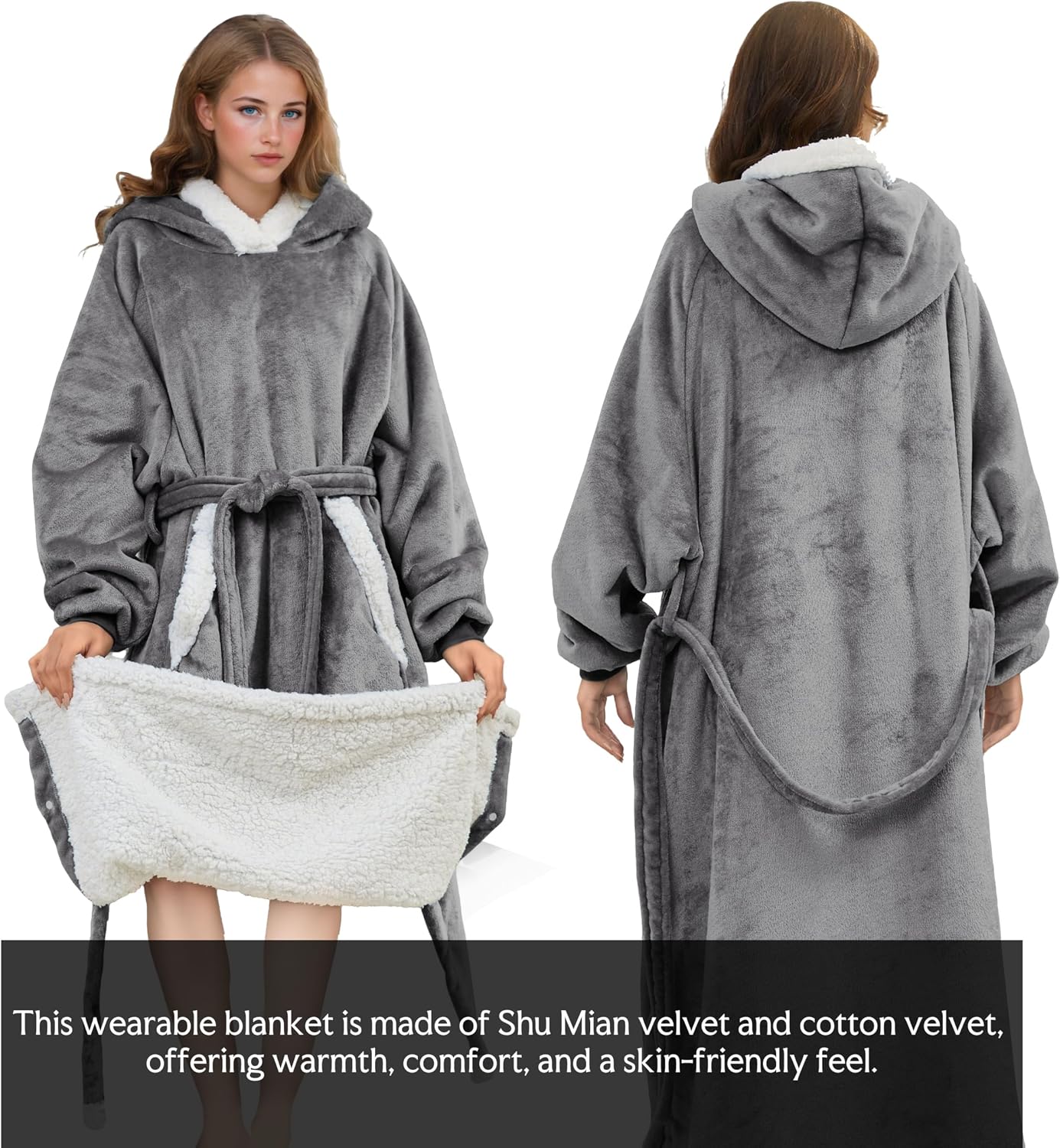 Detalle de Wearable Hoodie Blanket Soft Sherpa Fleece with Big Pocket and Adjustable Belt
