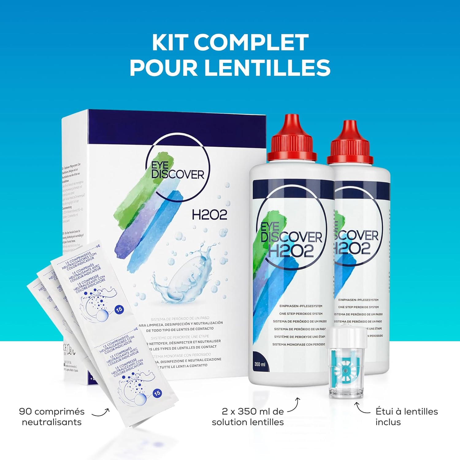 Detalle 2 de EYE DISCOVER Solution au peroxyde pour lentilles – nettoyage en profondeur, sans conservateurs (2 x 350 ml + 90 comprimés neutralisants avec étui)
