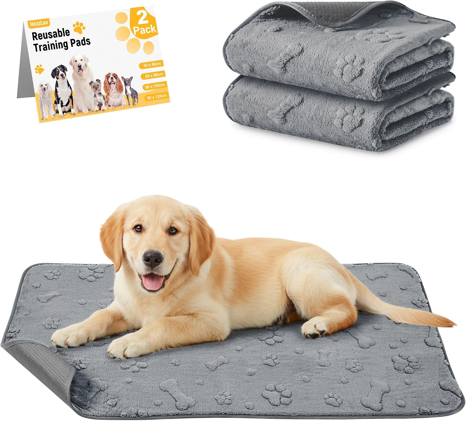 HezzLuv Washable Puppy Pads 2-Pack – Reusable, Ultra-Absorbent 60×90cm with Non-Slip Backing