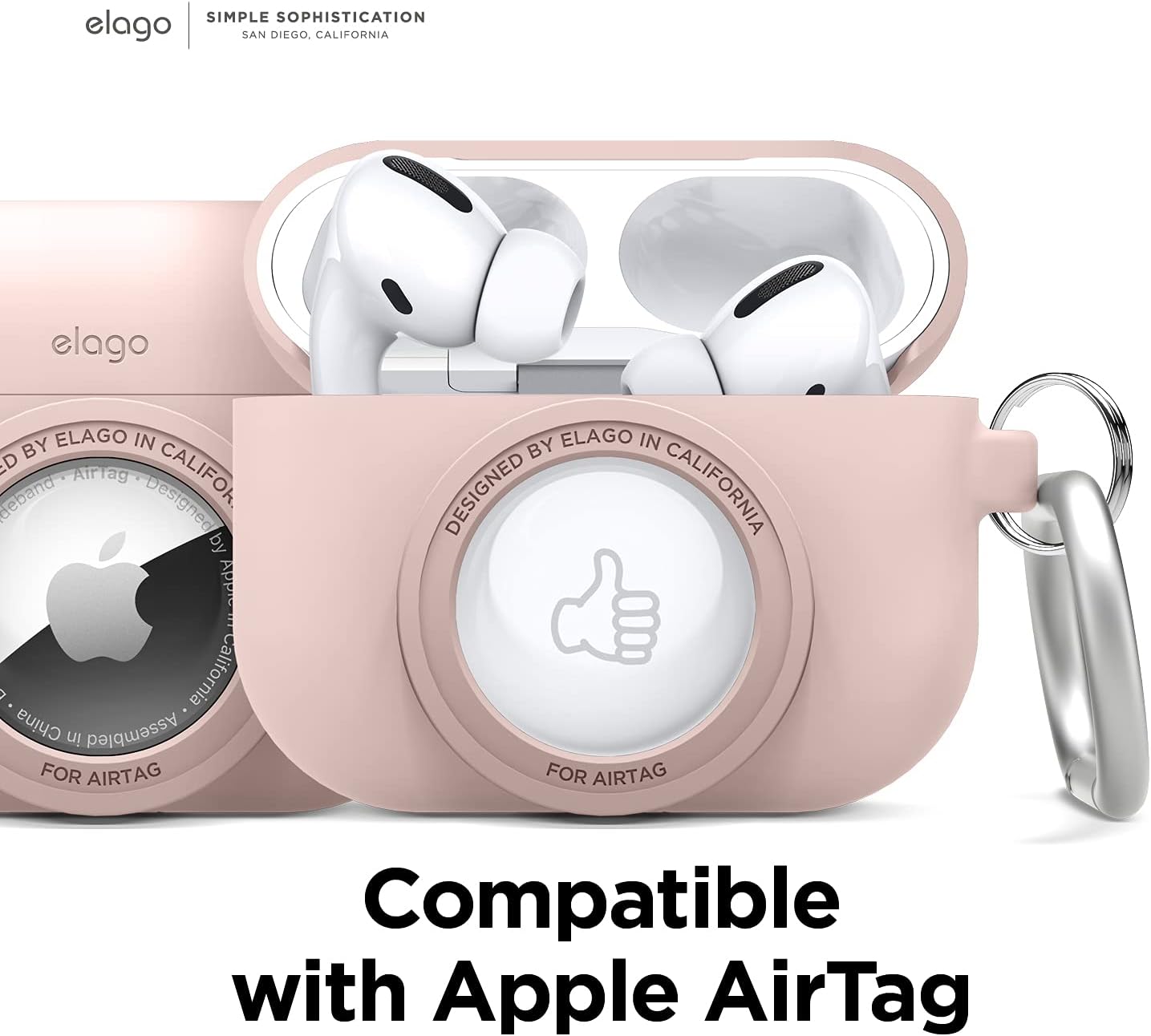 Detalle de elago Coque instantanée pour AirPods Pro avec emplacement AirTag et porte-clés (Rose des Sables) — design “appareil photo”