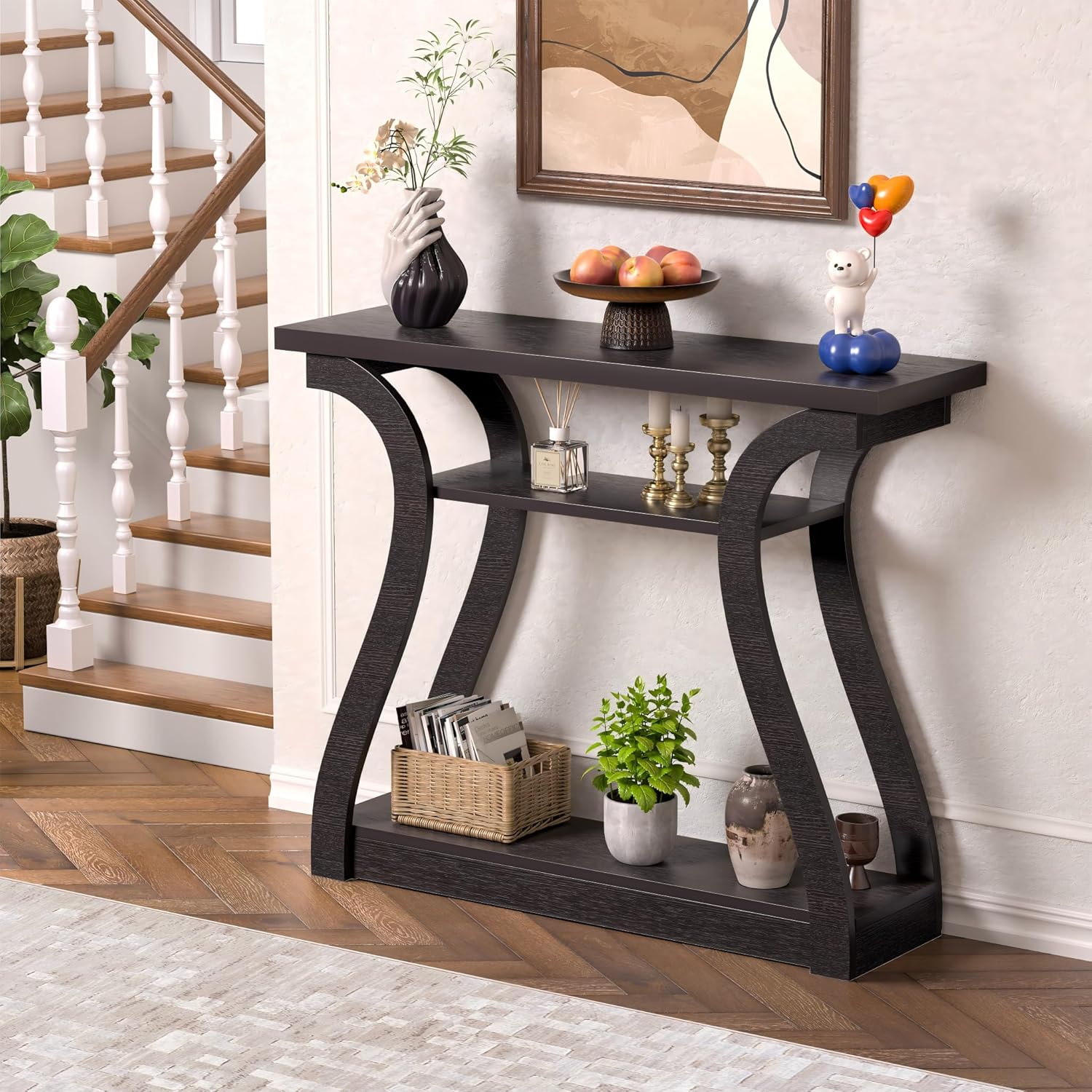 Detalle de UODERS CONTEB- 3-Tier Wood Console Table, Brown, 47.25 in. with Curved Legs
