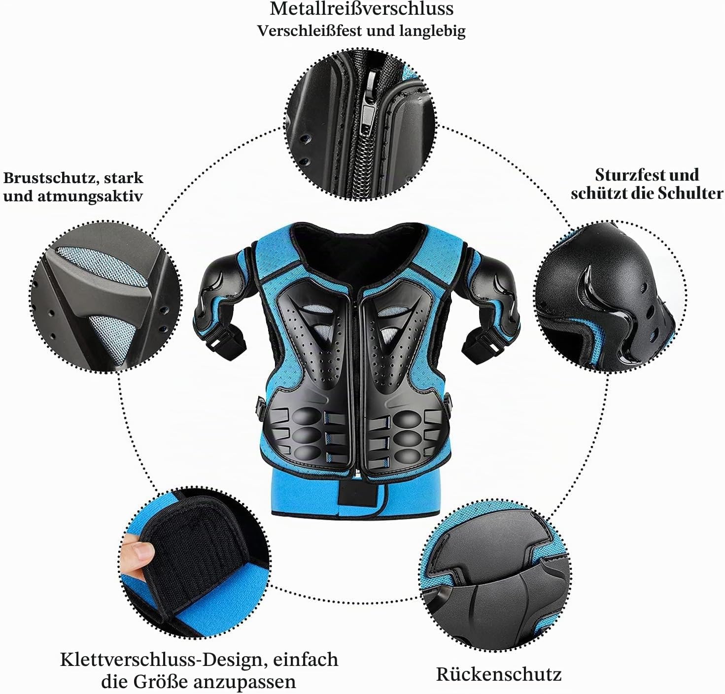 Detalle 2 de Fansport Motorrad-Schutzset für Kinder (5tlg.): Jacke mit Schulter-/Ellbogen- und Knieschutz, verstellbar, 4–14 Jahre