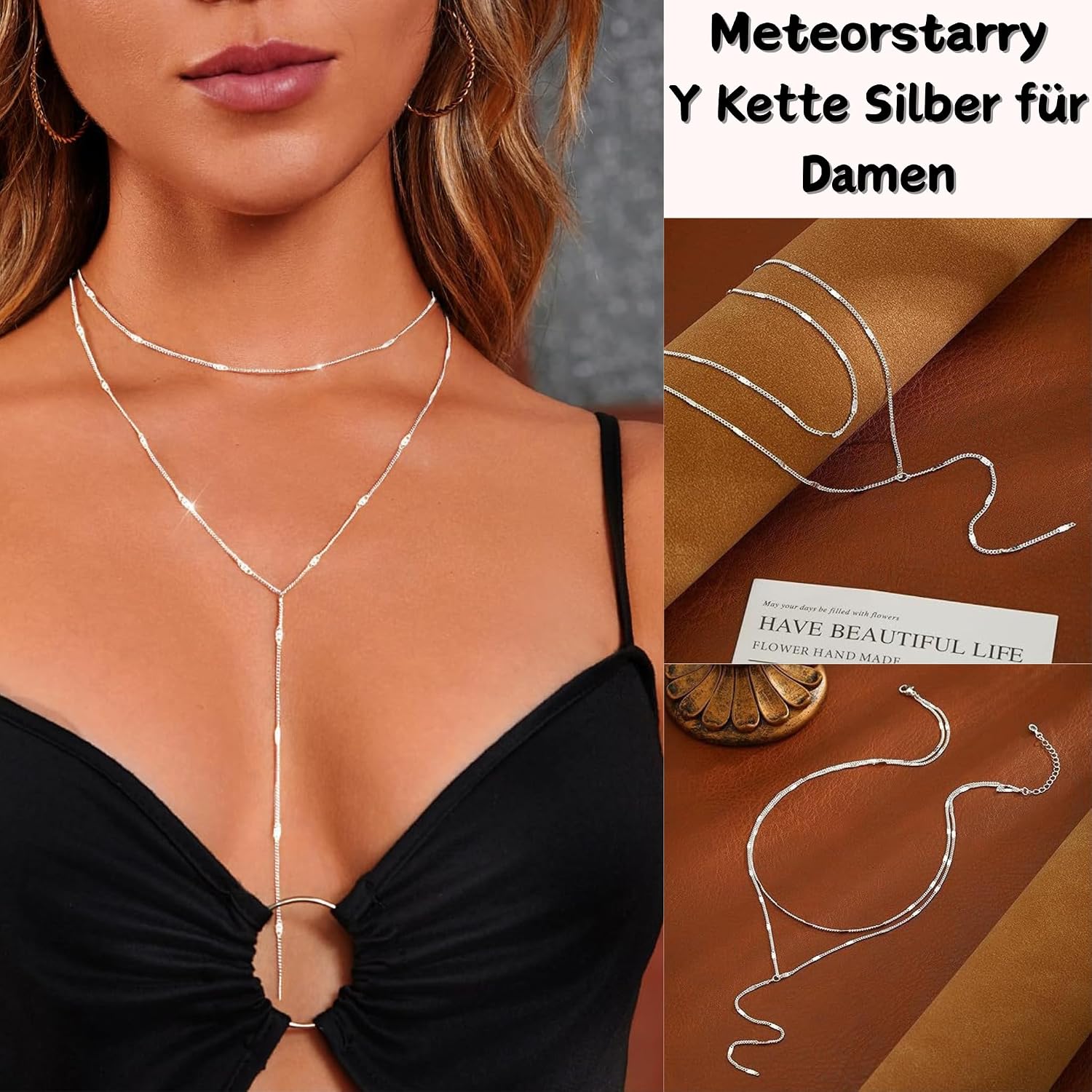Detalle de Meteorstarry Lange Y-Kette mit Anhänger aus 925er Sterling Silber – Boho-Layering–Doppelkette