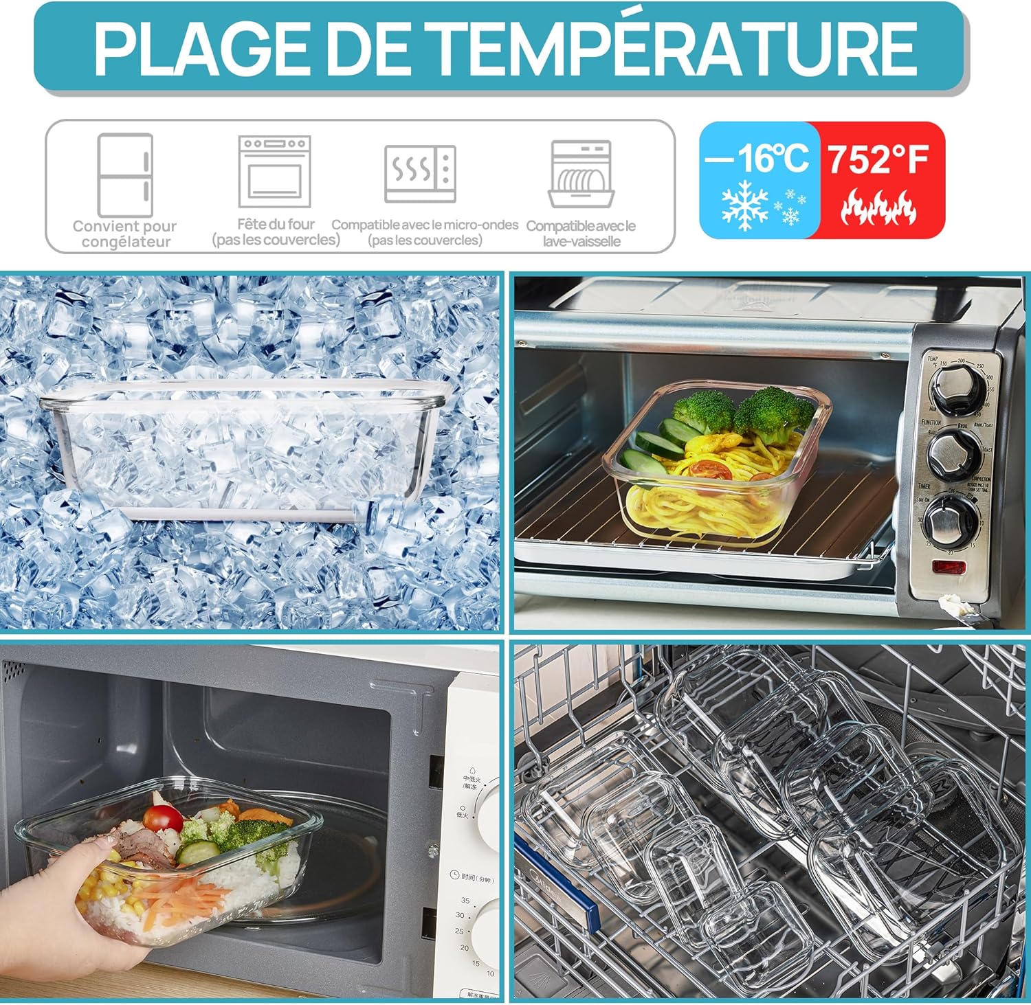 Detalle de Vtopmart Lot de 5 Lunch Box Verre 1035 ml – boîtes hermétiques et réutilisables, compatibles four, micro-ondes, congélateur et lave-vaisselle