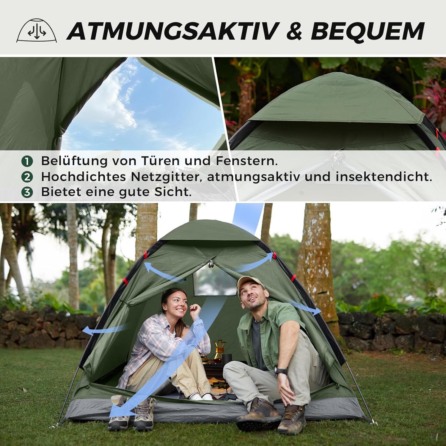 Detalle de KingCamp 2-3 Personen Zelt – Wasserdicht 3000 mm, Ultraleicht & Großes Überdach, ideal für Wanderer, Festivals & Wochenendausflüge