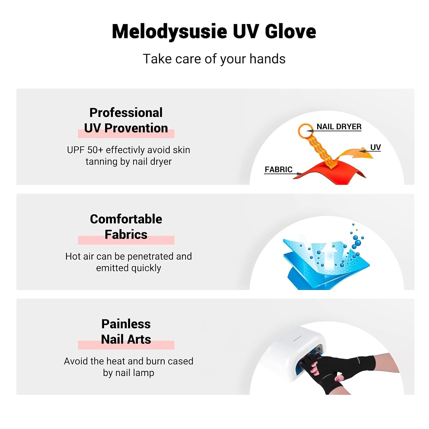 Detalle de MelodySusie UV Gloves UPF50+ Fingerless for Manicures