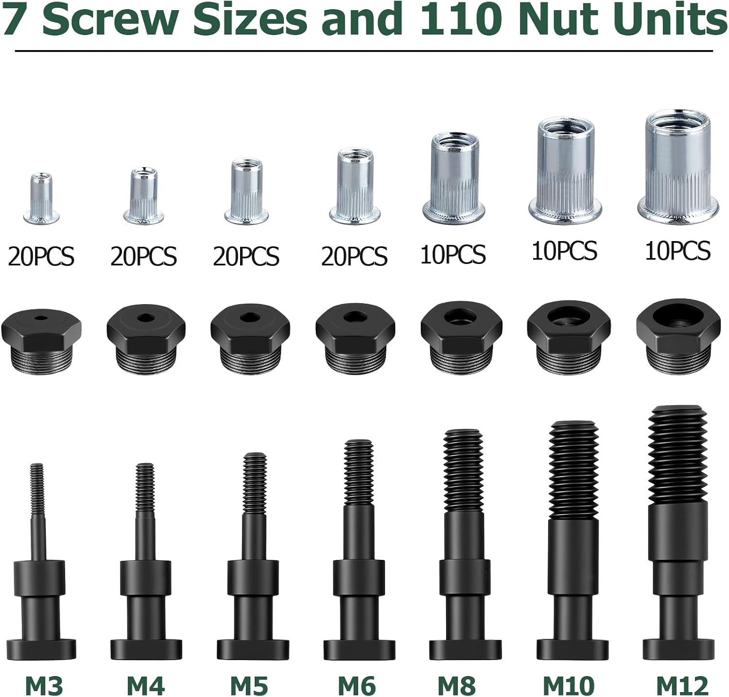 Detalle de JiGiU 13" Heavy Duty Rivet Nut Tool Kit with 7 Mandrels (M3–M12) and 110 Rivet Nuts