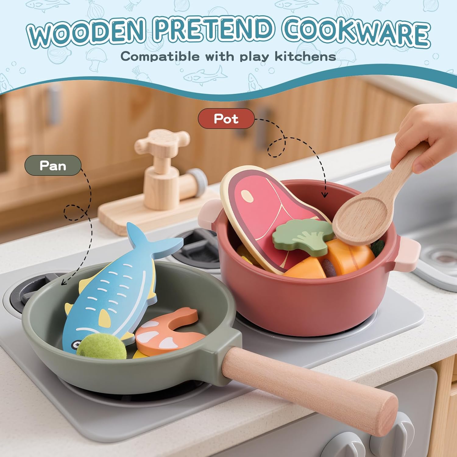 Detalle de JOYSINTOY Set da cucina giocattolo in legno per bambini (pentole, padelle e accessori)