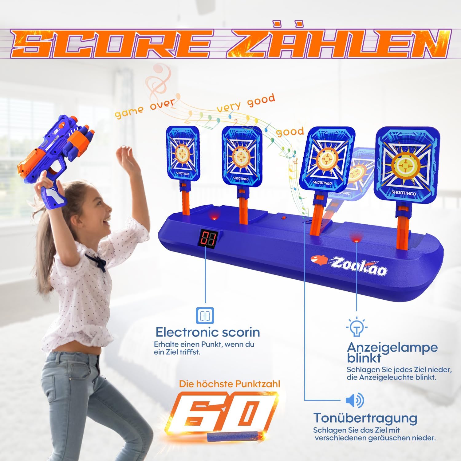 Thumbnail 3 de Zookao Kinder-Spielzeugpistole mit automatischen Zielscheiben & digitaler Trefferanzeige (blau)