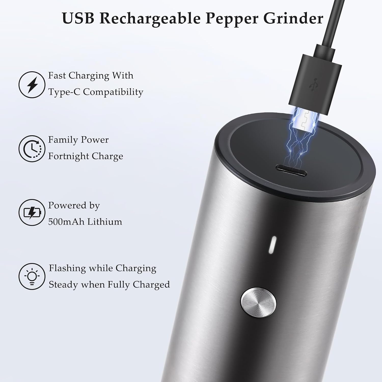 Detalle de Electric Salt and Pepper Grinder Set (2 Pack) – USB Rechargeable, Stainless Steel, Adjustable Coarseness with LED Light