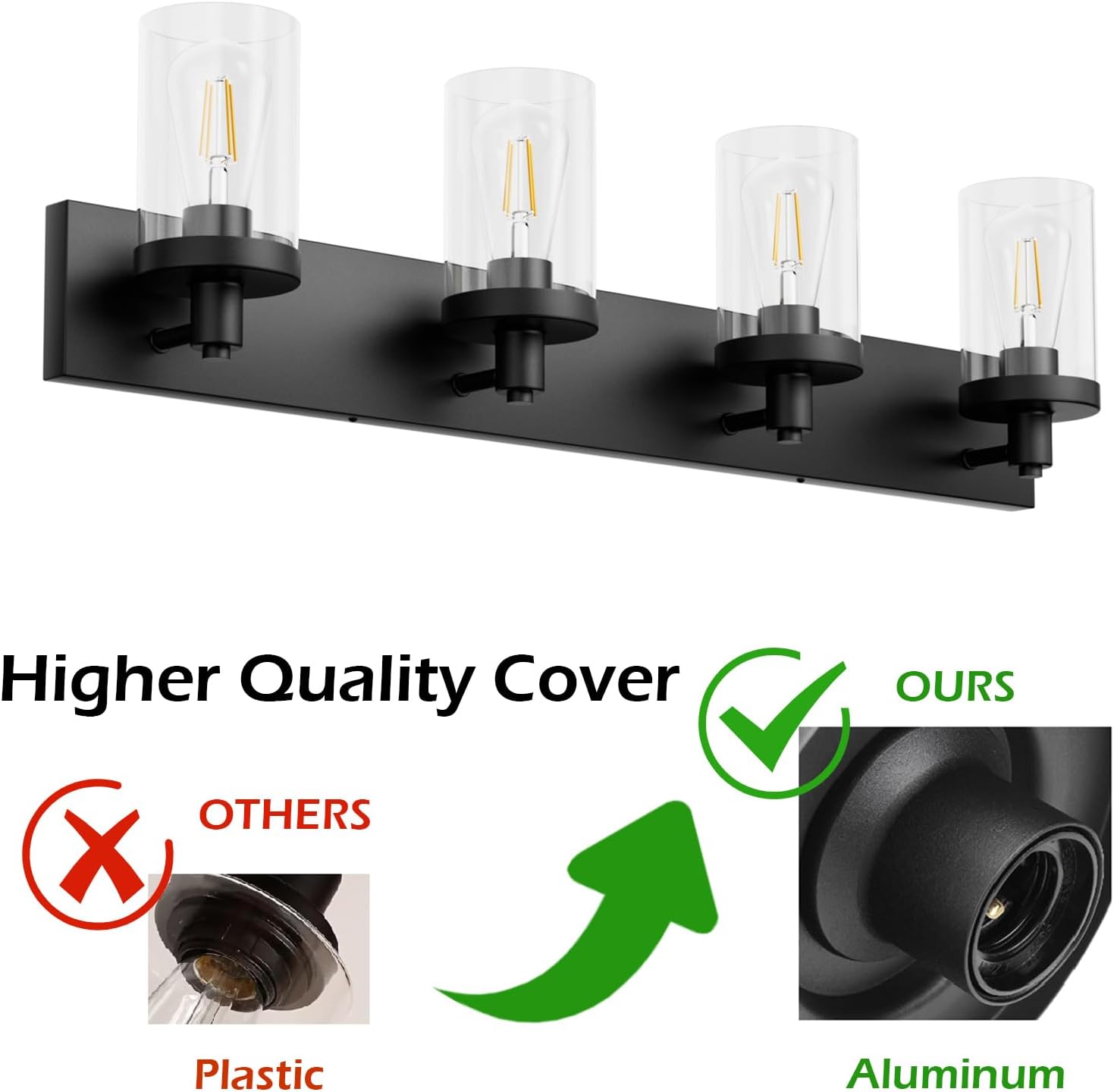 Detalle 2 de Aipsun 1136 4-Light Bathroom Vanity Light, Matte Black with Clear Glass