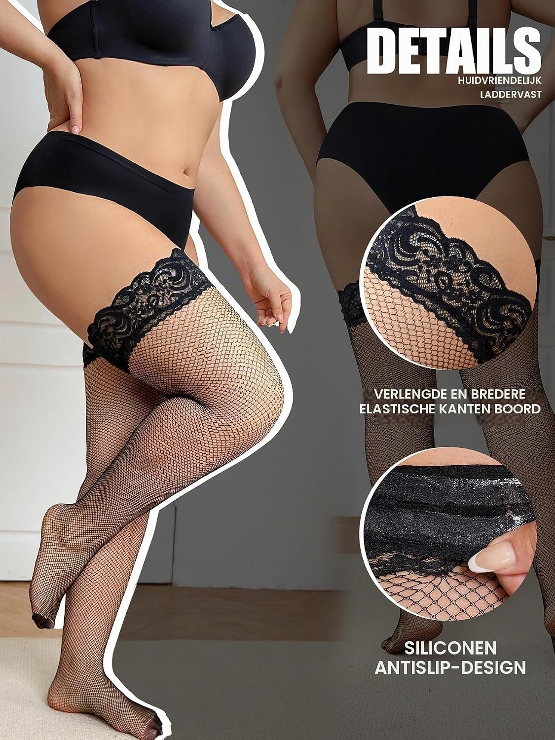 Detalle de Eagerlove Plus Size nylonkousen met kanten boord, siliconen stay-upband en glans
