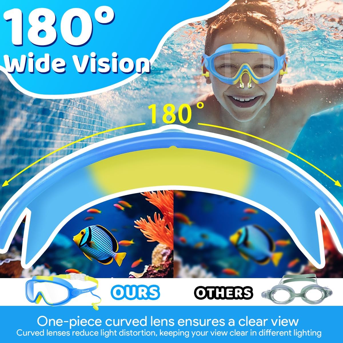 Detalle 2 de Vvinca Kids Swimming Goggles (2 Pack) with Built-in Earplugs, Nose Clip & Anti-Fog UV Protection for Ages 3–15