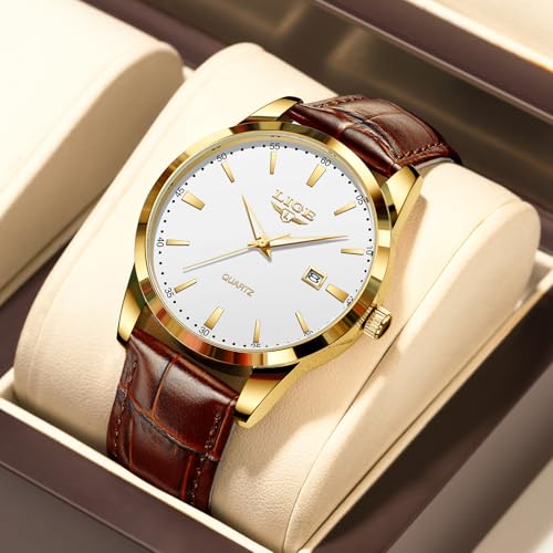 Thumbnail 6 de LIGE Mens Watches Waterproof Analogue Vintage Quartz with Date, Brown Leather – Gold/White