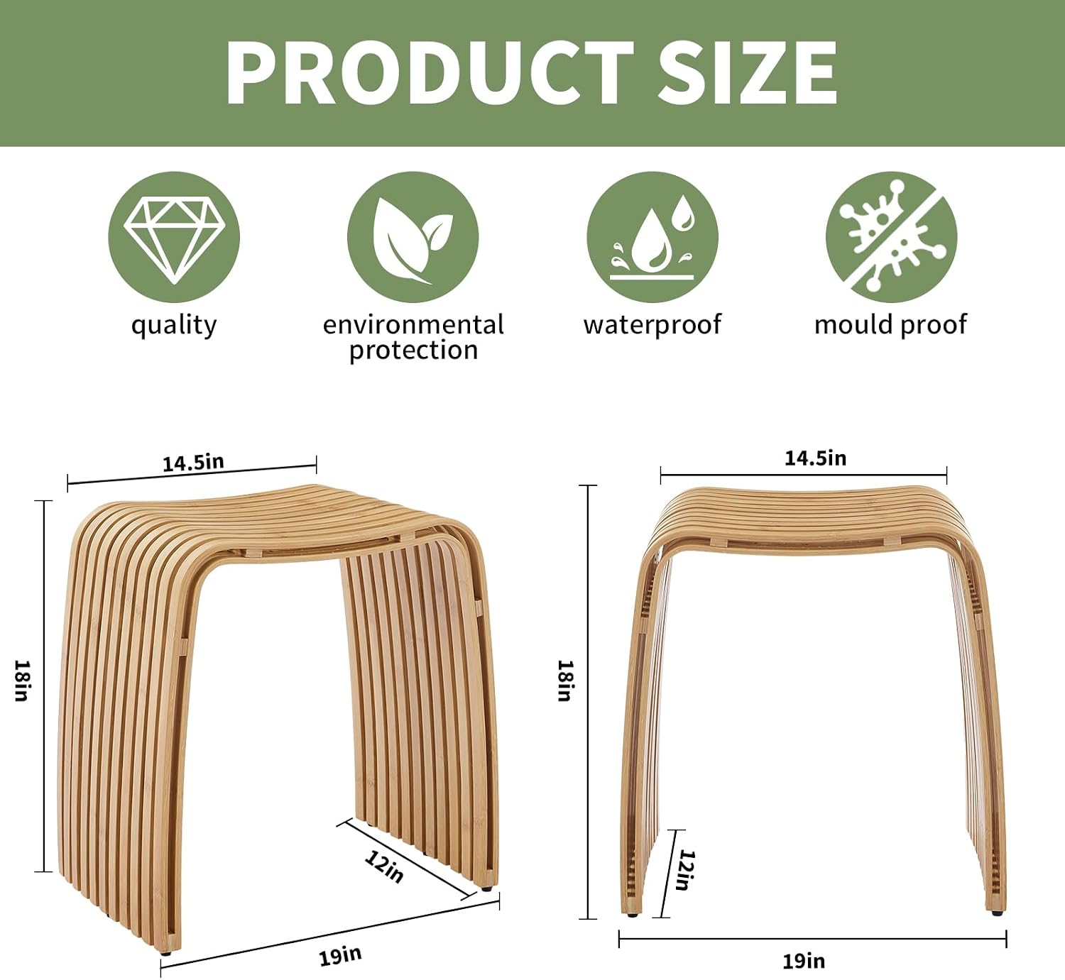 Detalle de Bamboo Shower Bench: Non-Slip, Waterproof Bath Stool with 450 lb Capacity