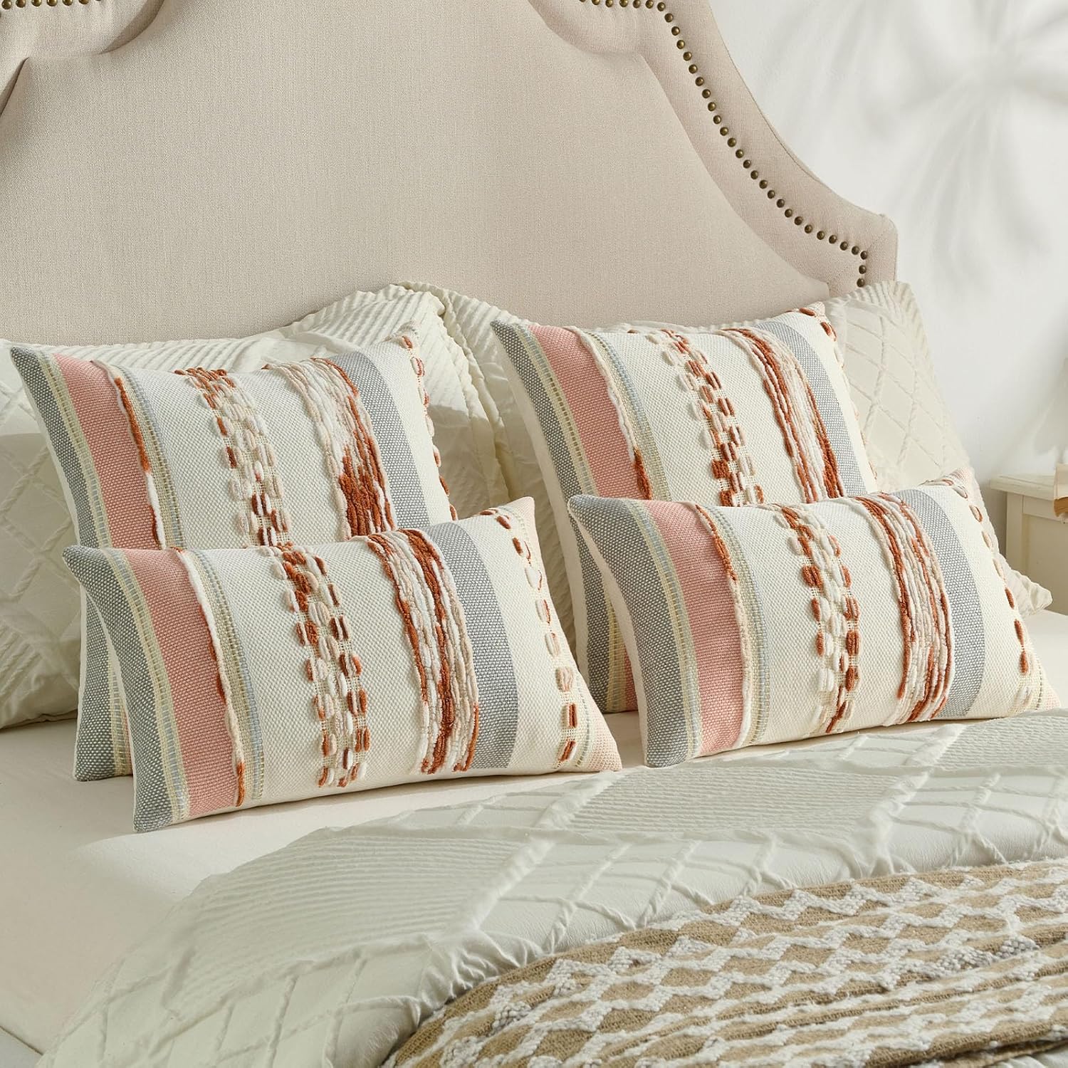 Detalle de Ystyle Lot de 2 Housses de Coussin Boho 30x50 – rayures texturées, daim chenille, lot 2