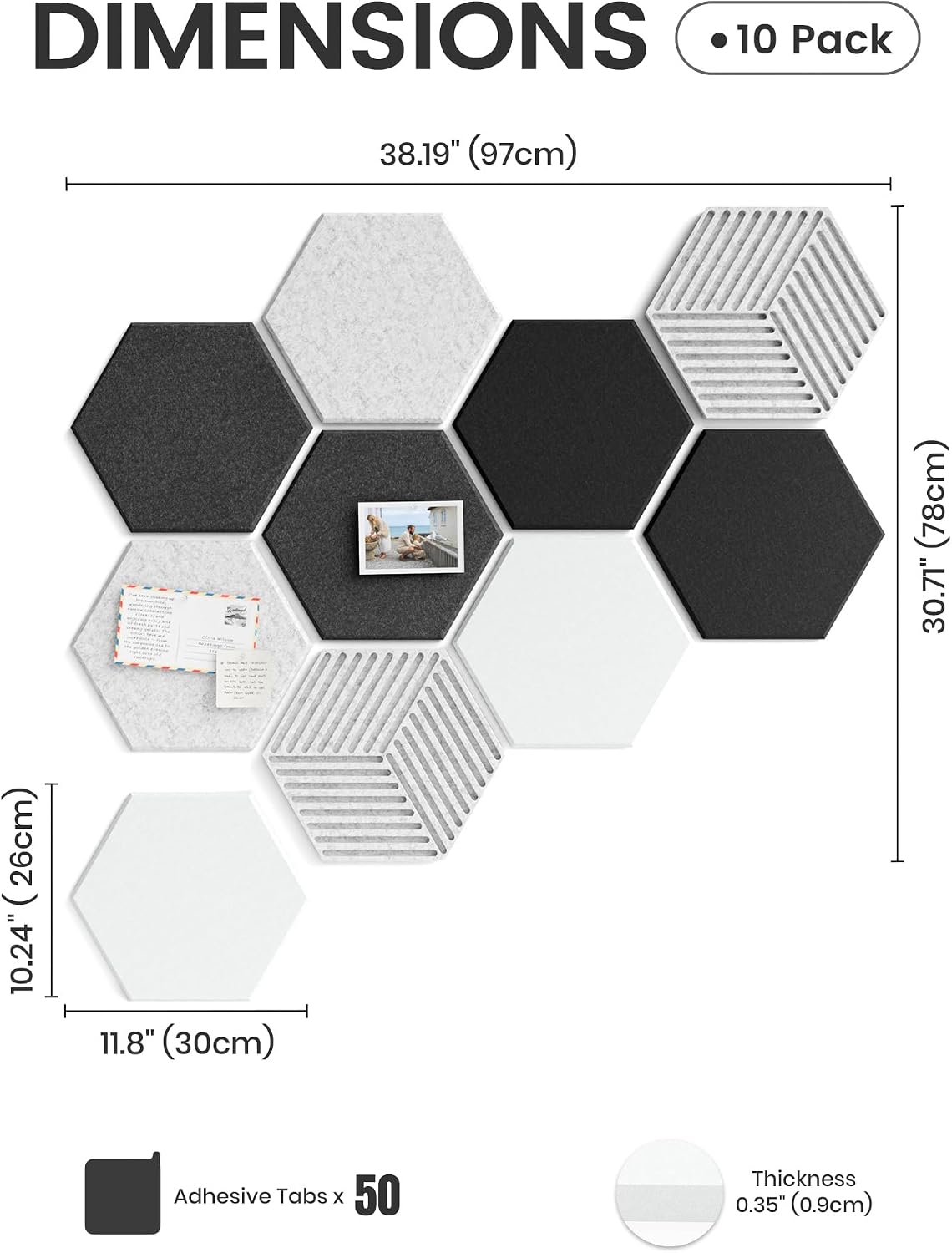 Detalle 2 de Fluxynara FZBHEXM-H-10-PL-BW Hexagon Felt Bulletin Board Tiles, 10-Pack