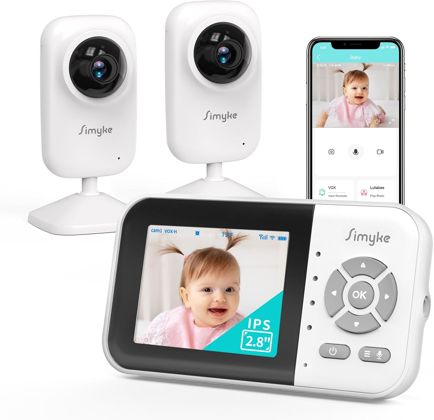 Detalle de Simyke 2Cameras Video Baby Monitor with 2-Way Talk and 2.8" IPS Screen