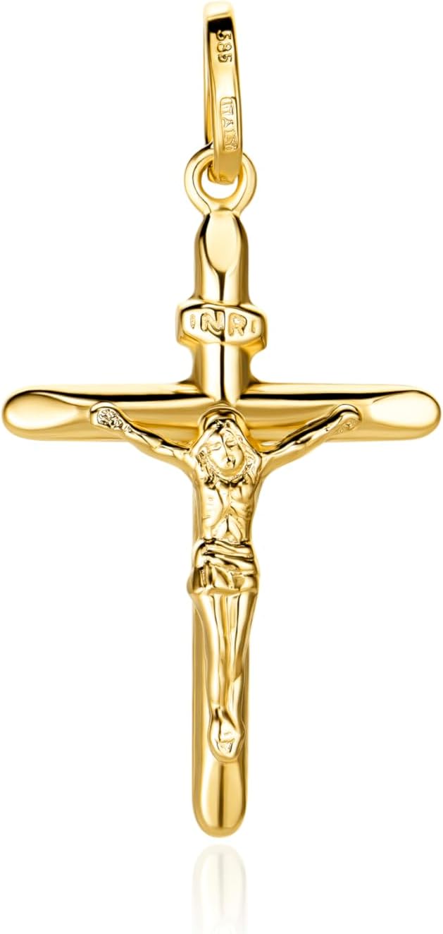 Detalle 2 de Ciondolo crocifisso con Gesù in oro giallo 14K (585) – unisex, 27x17 mm, 1,10 g