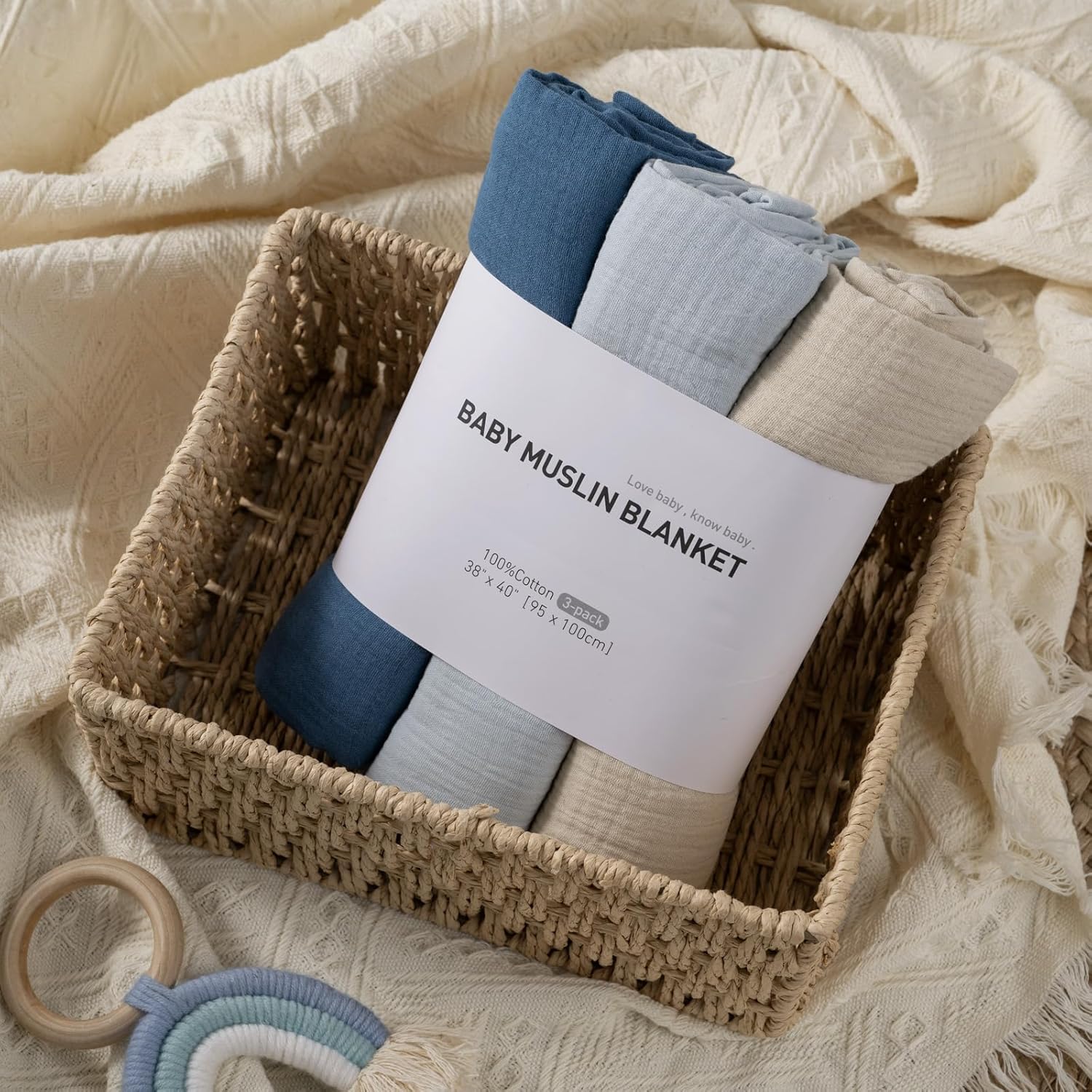 Thumbnail 1 de Soarwg Kids Muslin Swaddle Blanket (Pack of 3) – Large 95 x 100 cm, Blue