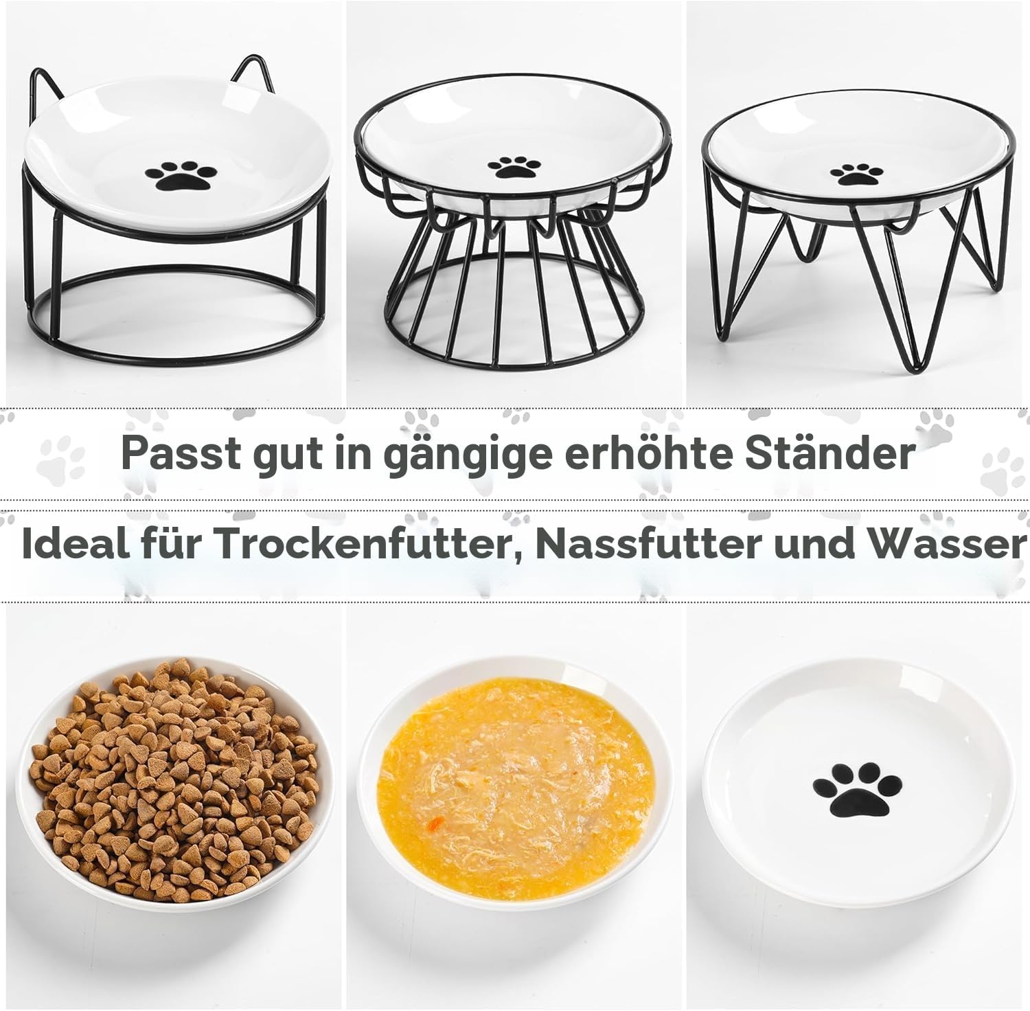 Detalle 2 de Keramik Katzennapf 3er Set, weiß – flacher Futternapf mit rutschfestem Silikonring für Perser & Flachgesichter
