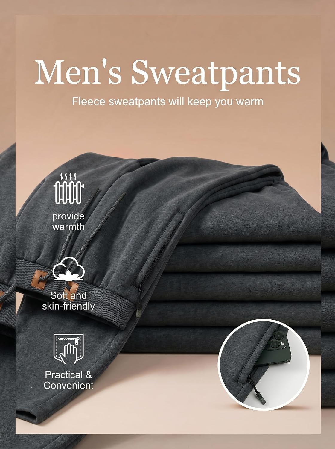 Detalle de JMIERR ZM5M772082-P Men's Wide-Leg Fleece Sweatpants with Zip Pockets