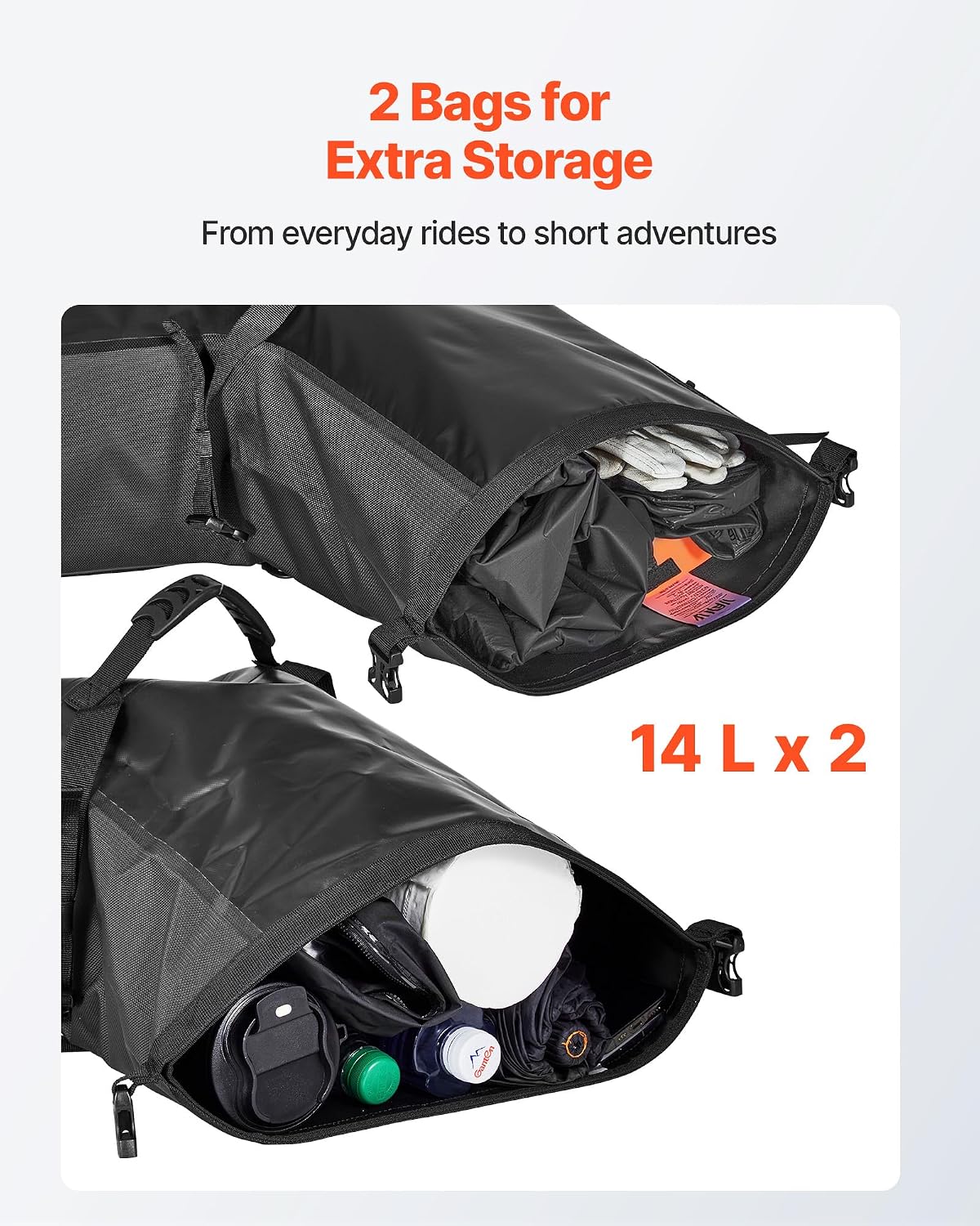 Detalle de VEVOR Sacoche latérale de Moto 28 L (2x14 L) avec housse pluie et sangle inférieure